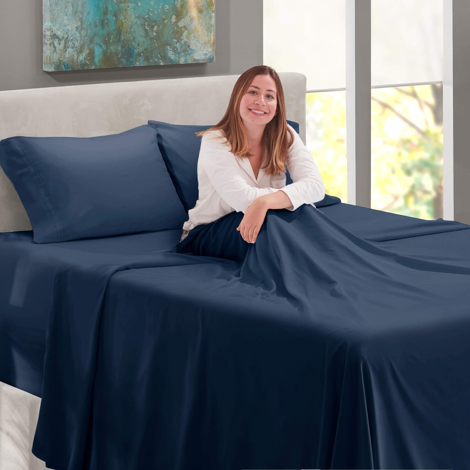 600 Thread Count Twin XL Sheet Set - 4 Piece 100% Long Staple Pure Cotton Sateen Weave Bedding | Navy Blue Fade Resistant Deep Pocket Bed Sheets Fits 12