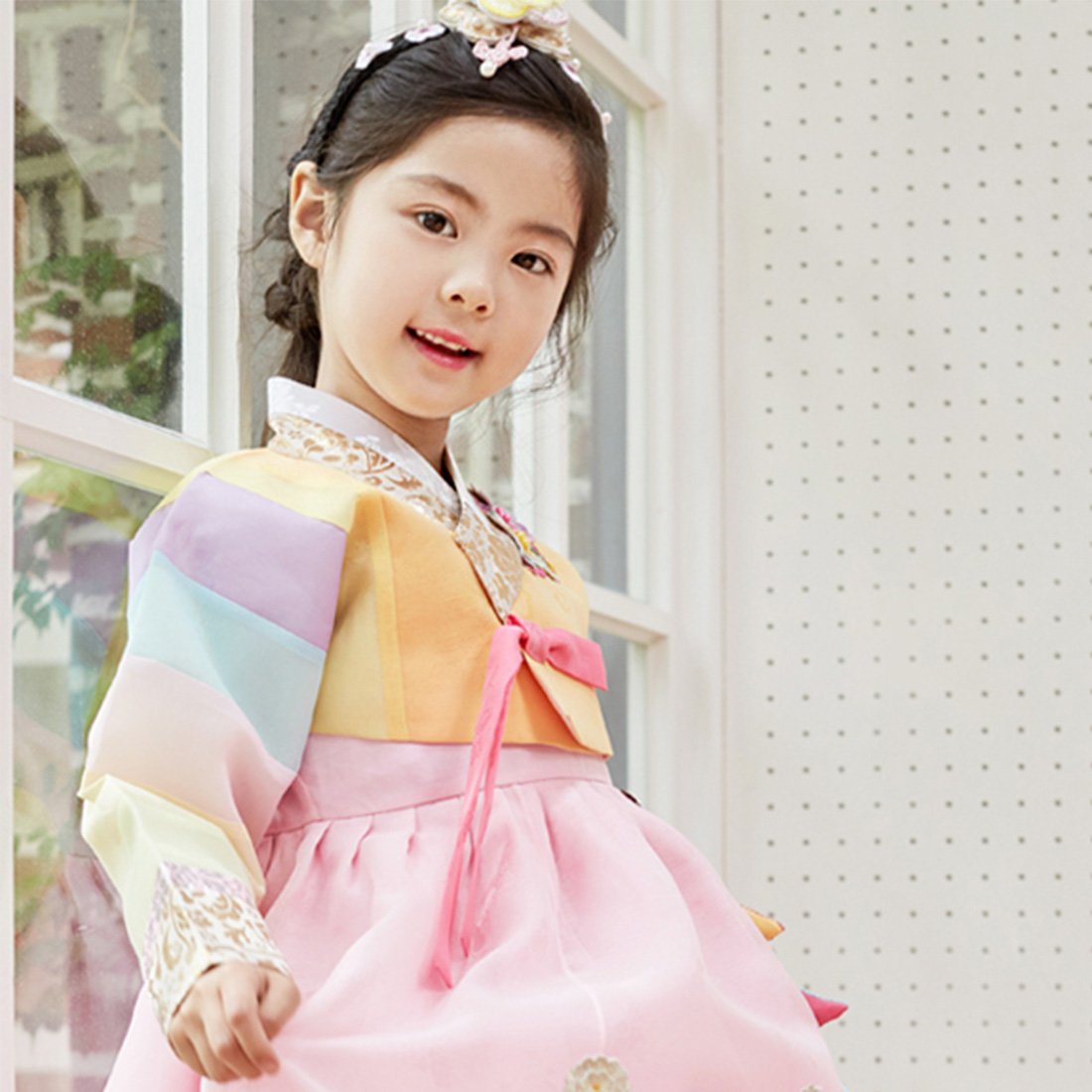 Korean Hanbok Traditional Dress for Baby Girls - Ivory Rainbow Top & Pink Skirt - Perfect for Lunar New Year, Korean Festivals & Cultural Events