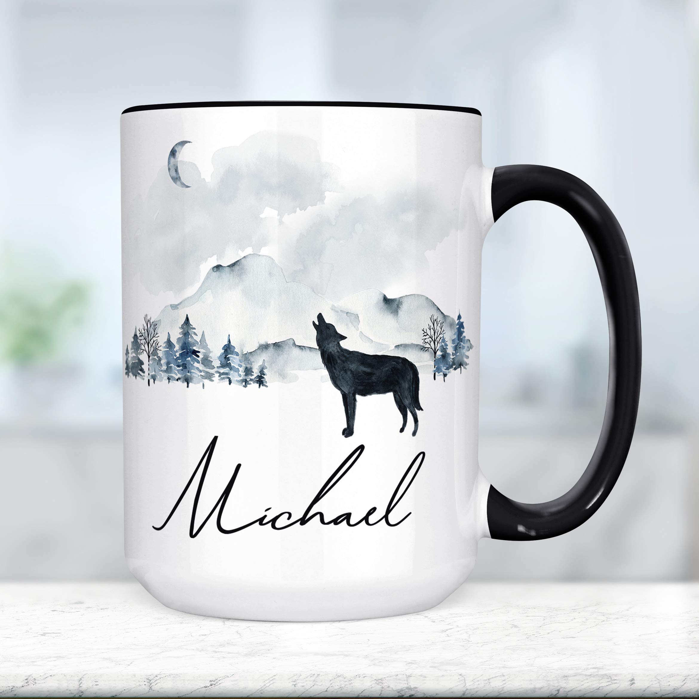 Personalized Wolf Watercolor Mountain Scene Coffee Mug - Custom Name Ceramic Cup | Microwave & Dishwasher Safe | Perfect for Office Gifts, Housewarming Presents & Coffee Lovers