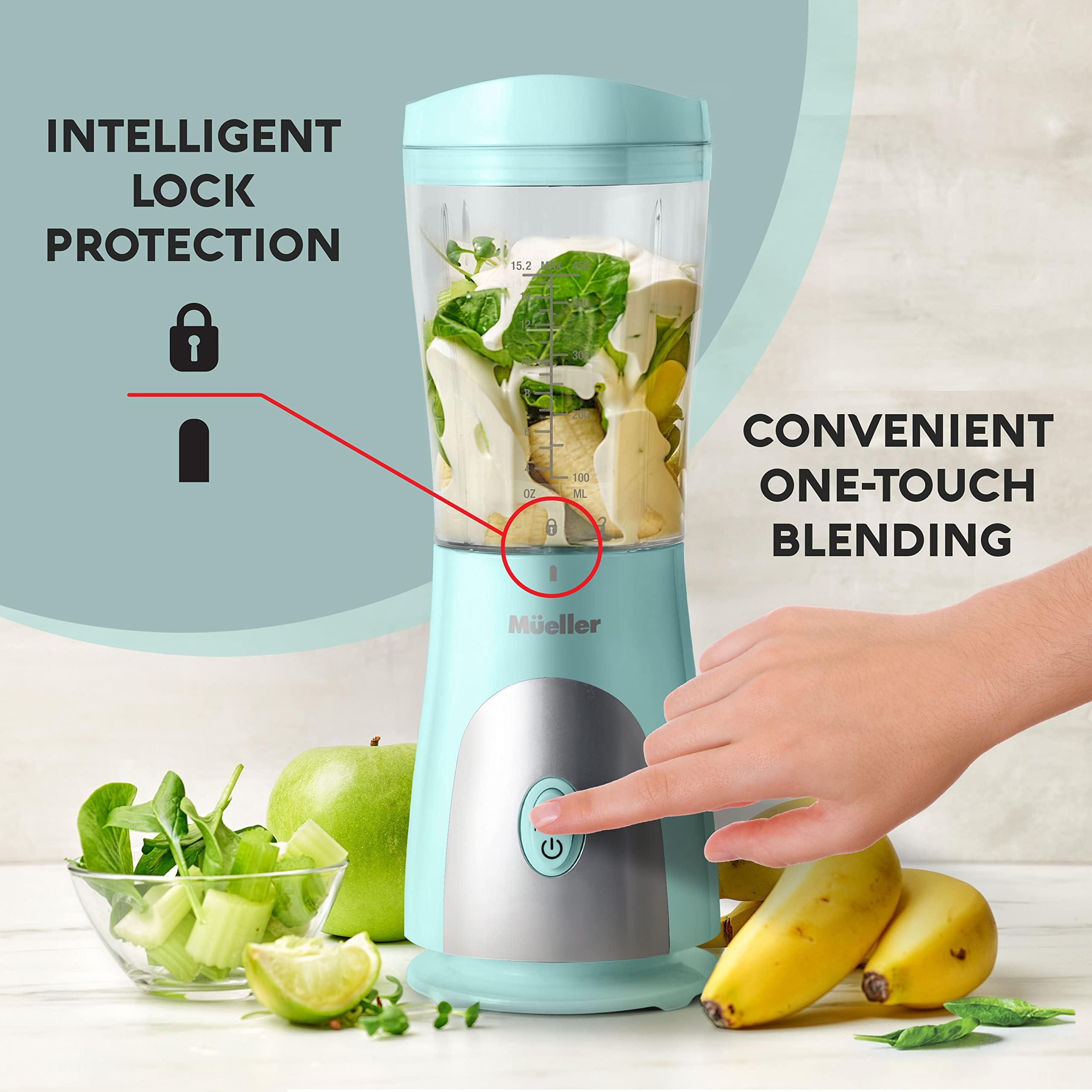 **Mueller Smoothie Blender - Powerful Personal Blender for Shakes, Frozen Drinks, Baby Food & More, 15oz Travel Cup with Lid, Durable Stainless Steel Blades - Perfect for Home, Office, Gym & Travel**