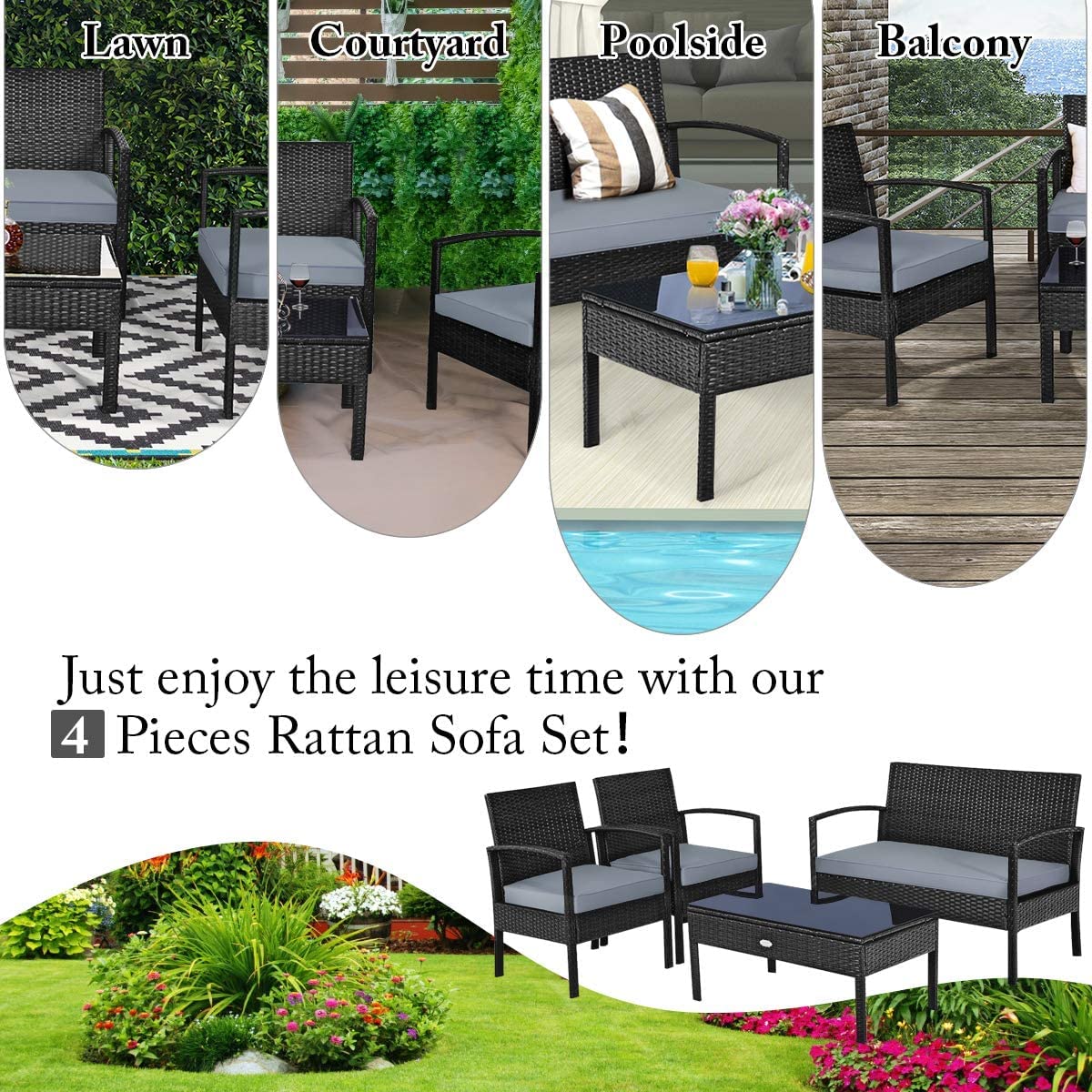 Hysache 4-Piece Outdoor Patio Rattan Conversation Set with Coffee Table & Padded Cushions - Wicker Furniture for Garden, Lawn, Courtyard, Balcony - Perfect for Relaxing, Entertaining & Outdoor Dining