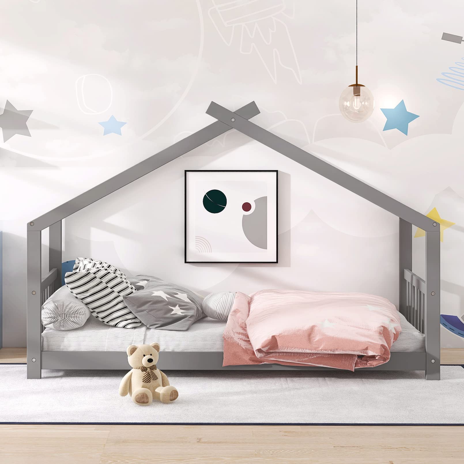 Modern Twin Size Wooden House Platform Bed Frame with Roof, Headboard & Footboard - Easy Assembly, Solid Wood Support for Kids Bedroom - No Box Spring Needed - Gray - Perfect for Boys & Girls Bedrooms, Playrooms & Cozy Sleep Spaces