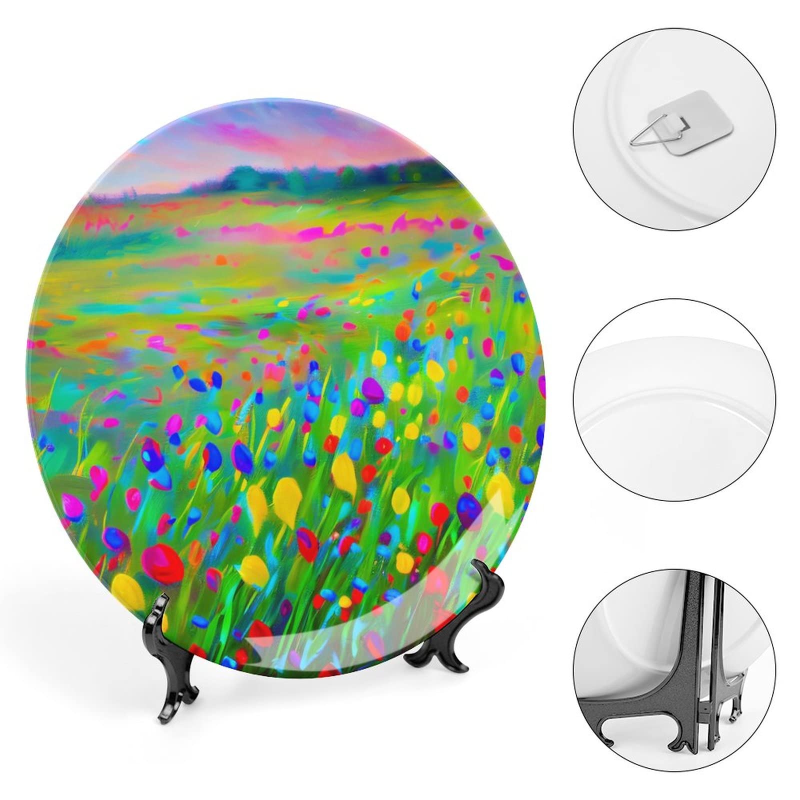 10 Inch Decorative Ceramic Plates with Stand - Wildflower Impressionism Painting Tray for Table Display, Elegant Home Decor for Living Room & Dining Room | Perfect Housewarming Gift for Home & Party Decorations