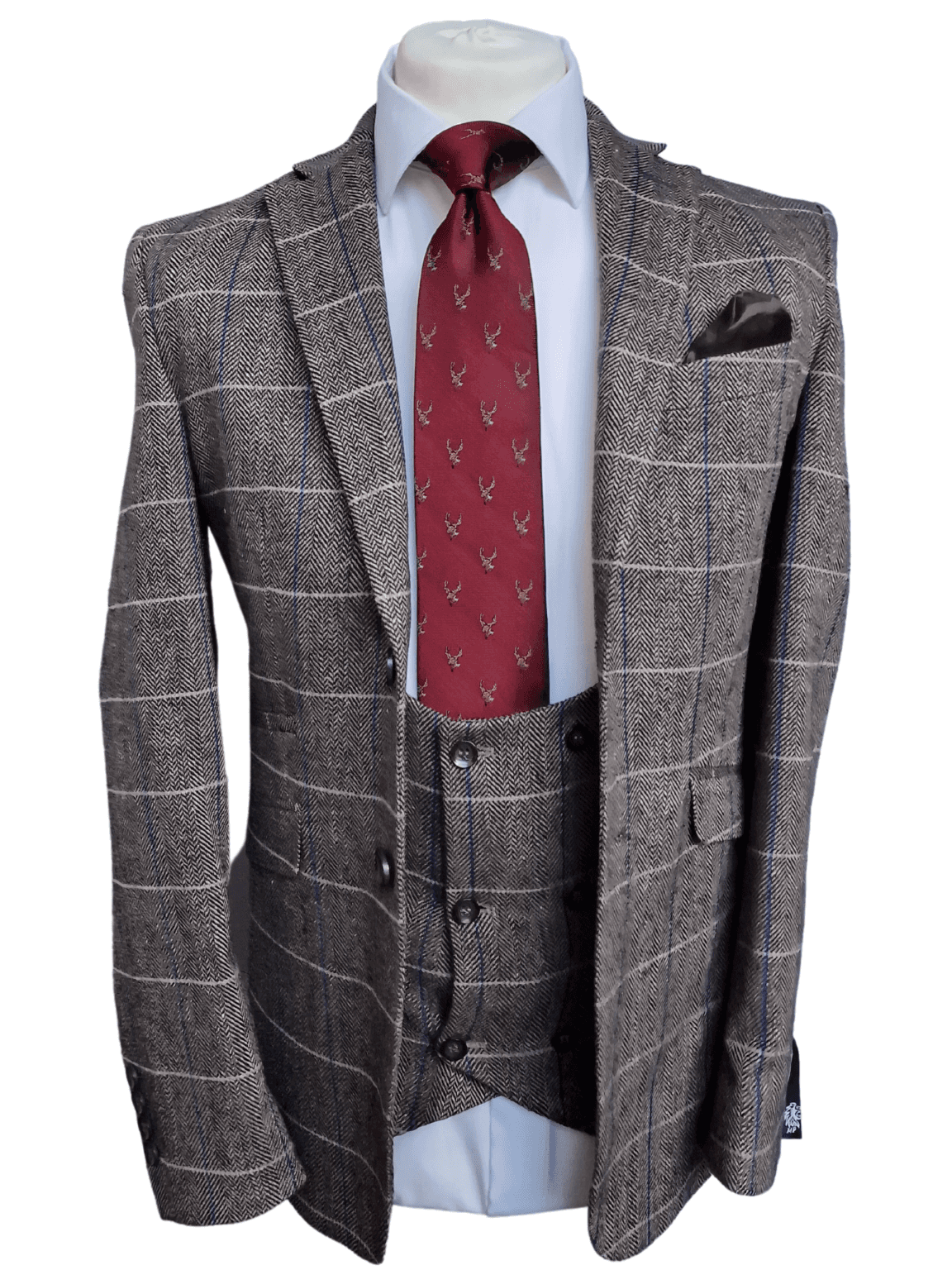 Grey Tweed Herringbone Check Men's Suit Jacket Size 38R with Matching 32R Trousers - Perfect for Business Meetings & Formal Occasions