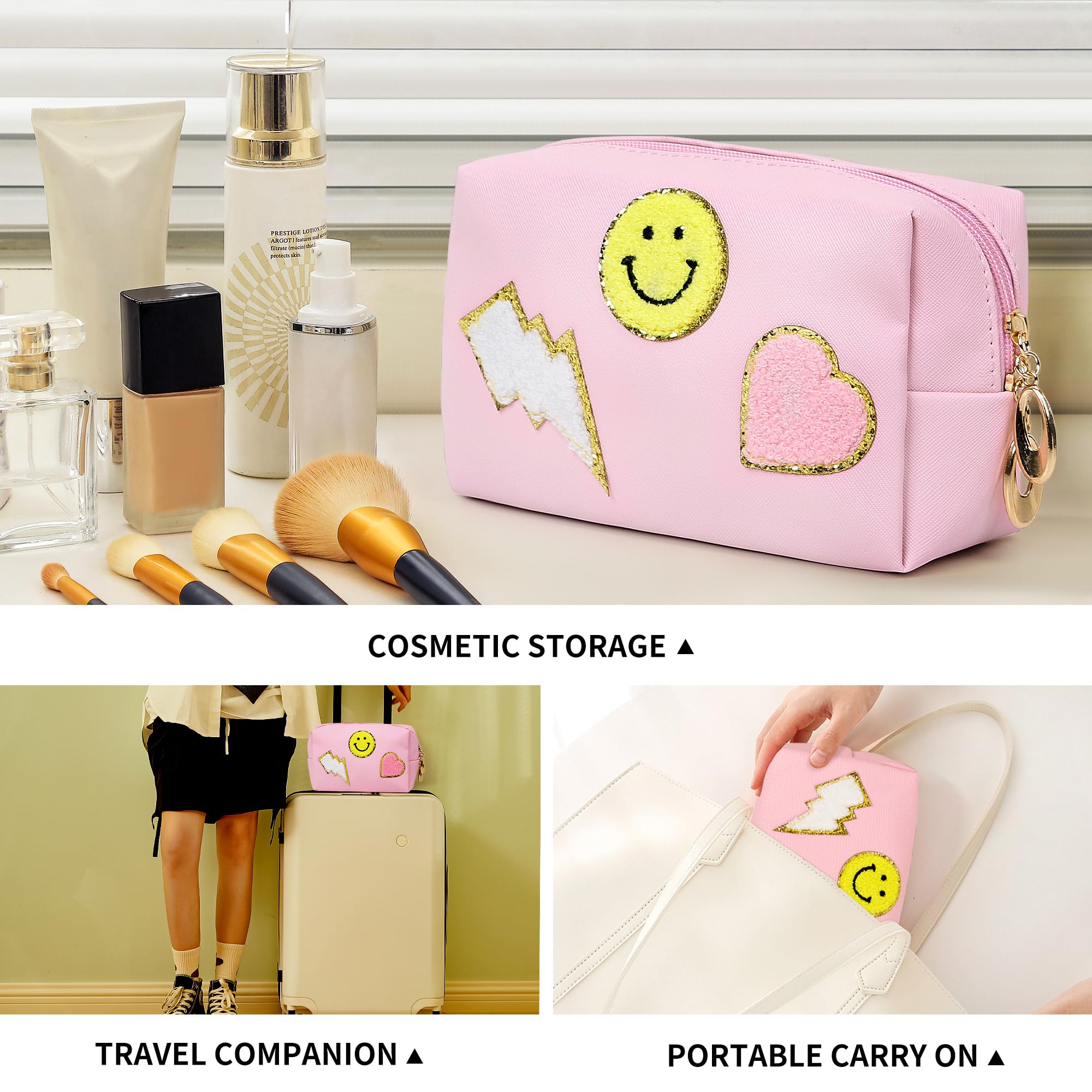 Preppy Patch Makeup Bag - Waterproof PU Leather Cosmetic Organizer for Women & Girls | Cute Pink Travel Toiletry Bag | Perfect for Daily Use, School, Travel & Gift Giving