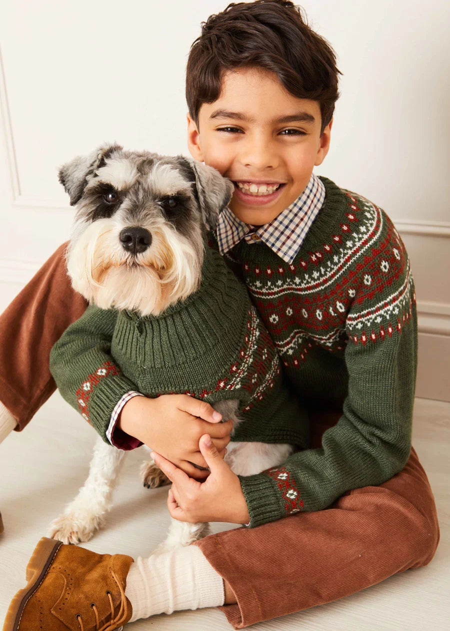 Green Fair Isle Merino Wool Sweater for Boys - Cozy Winter Knitwear for School & Outdoor Activities