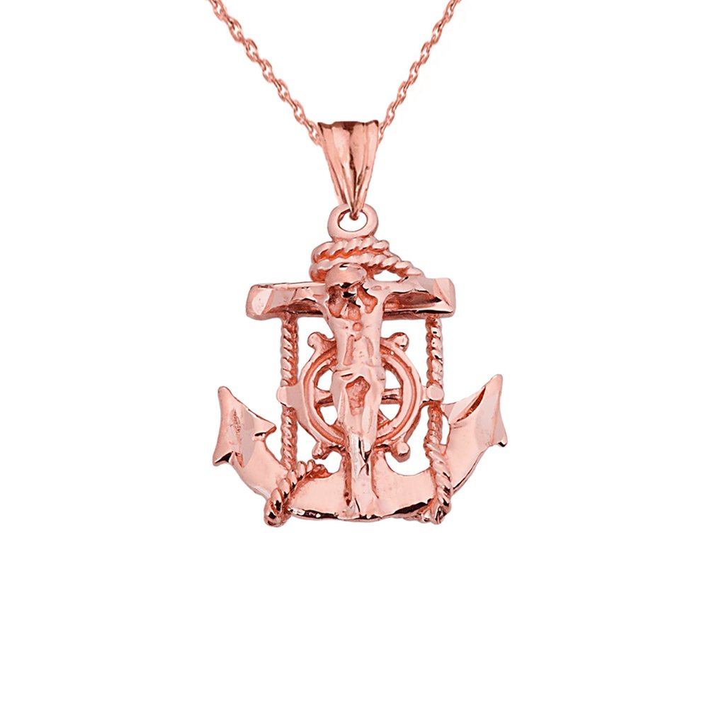 14K Rose Gold Nautical Jesus Christ Crucifix Cross Anchor Pendant Necklace for Women - Religious Jewelry Gift for Baptism, Confirmation & Everyday Wear
