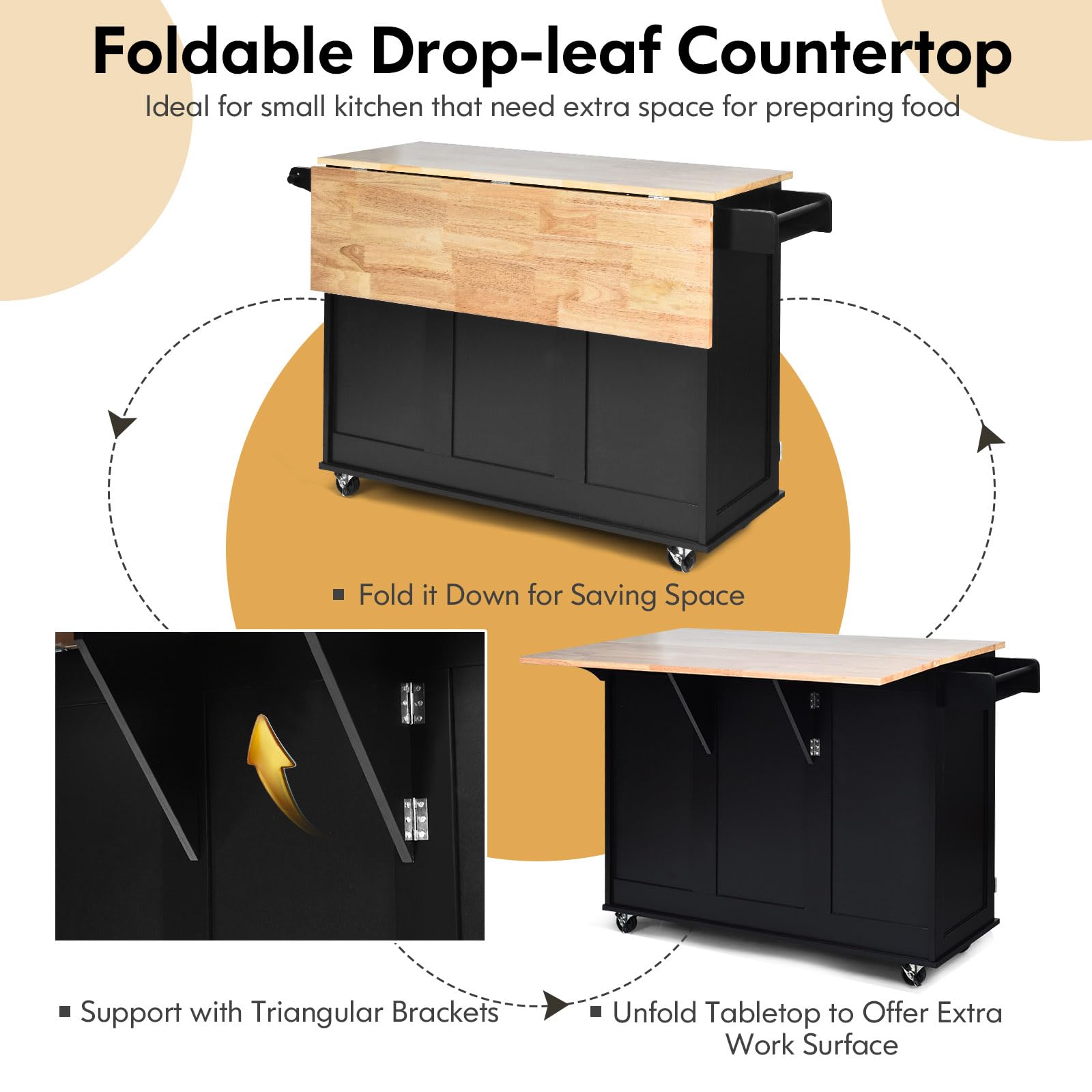 GOFLAME Kitchen Island Cart with Drop Leaf - Rolling Kitchen Cart on Wheels with Rubber Wood Top, 3 Drawers, Towel & Spice Rack, 2-Door Cabinet - Perfect Serving Trolley for Small Kitchens, Dining Rooms & Breakfast Nooks (Black)
