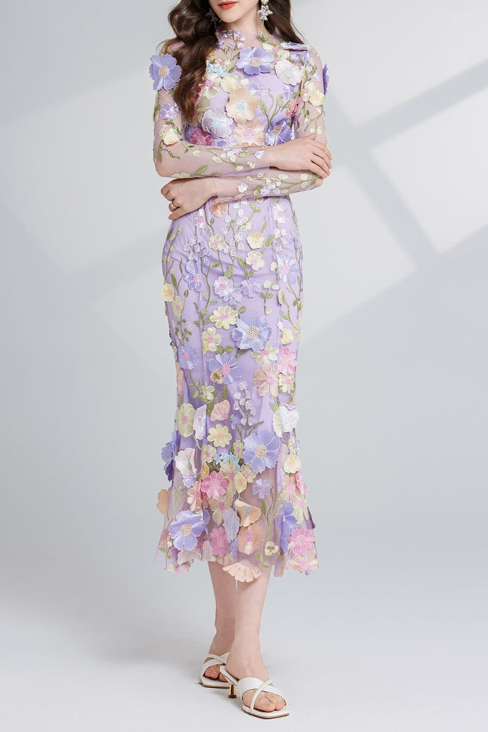 Elegant Carol Purple Floral Embroidered Mesh Long Sleeve Midi Dress for Women | Perfect for Weddings, Parties & Special Occasions
