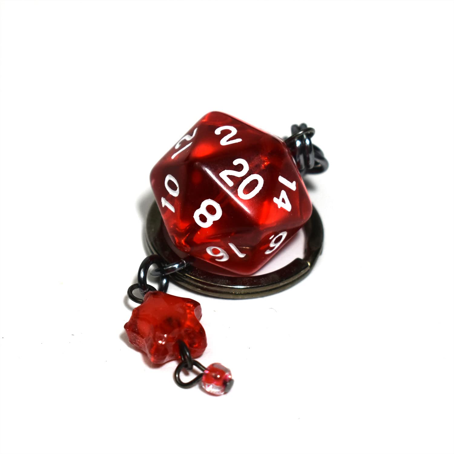 20 Sided Dice Keychain - Translucent Red & White Star Pattern Polyhedral DND Dice for RPG Gaming, Dungeons & Dragons Accessories, Gifts for Tabletop Game Lovers