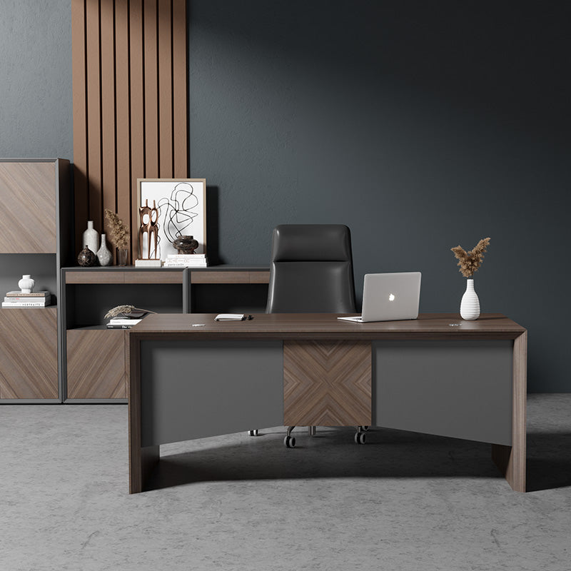 MONTE 180cm Executive Desk with Reversible Mobile Return - Hazelnut & Grey Finish - Modern Office Desk for Home & Business Workspaces