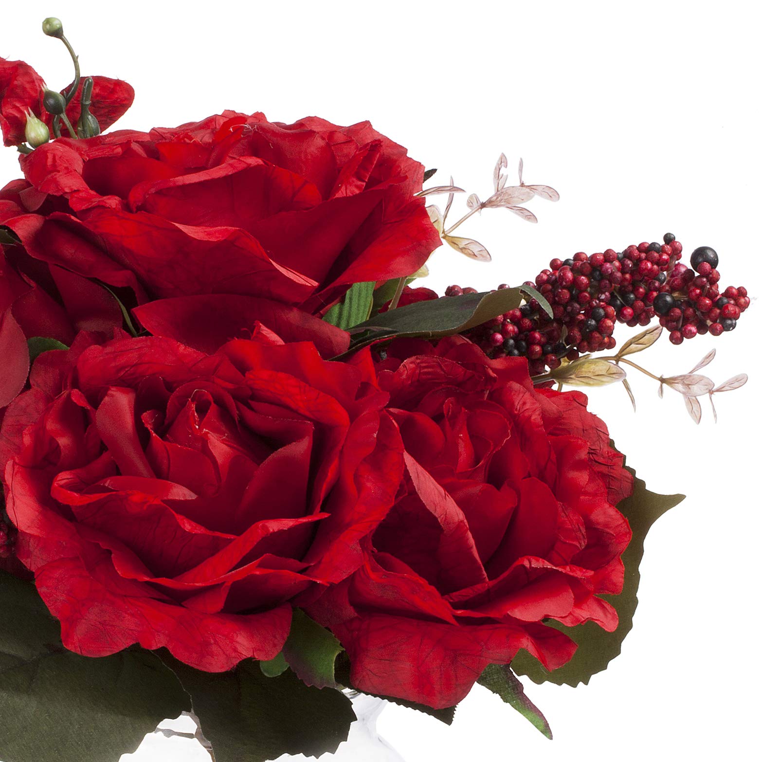 ENOVA HOME Mixed Silk Rose Flower Arrangement in Glass Vase with Faux Water & River Stones - Elegant Home Decor, Wedding Centerpiece, Table Decoration for Living Room, Dining Table & Events (Red)