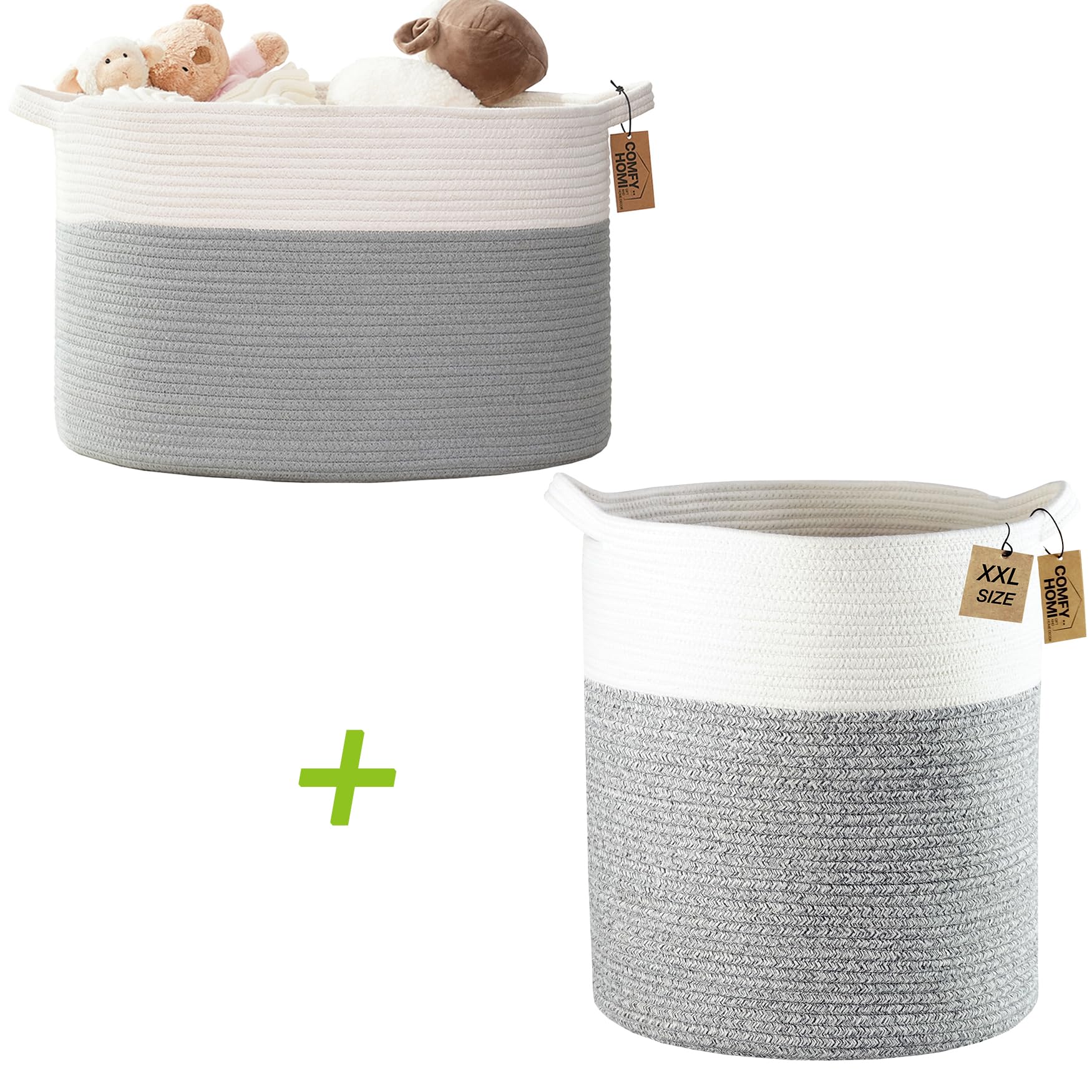 COMFY-HOMI 4-Piece Woven Rope Basket Set - 1 Large Laundry Basket (21x21x13.6
