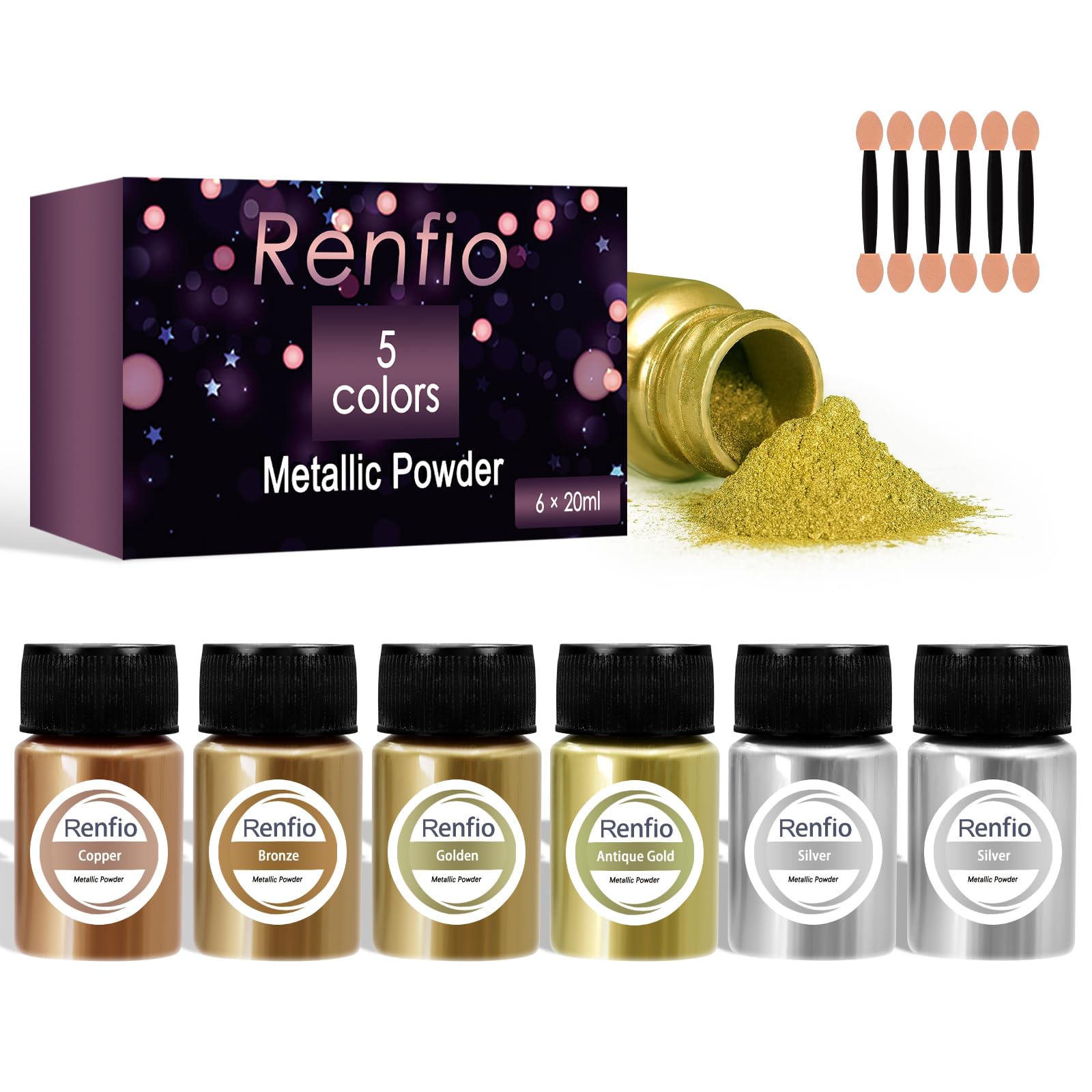 Renfio Metallic Pigment Powder - 5 Colors Gold Mica Powder for Resin, Epoxy, Polymer Clay & Candle Making - 6 x 20ml Metal Powder Pigment Set - Perfect for DIY Crafts, Kintsugi Art, Soap Making & Nail Art Designs