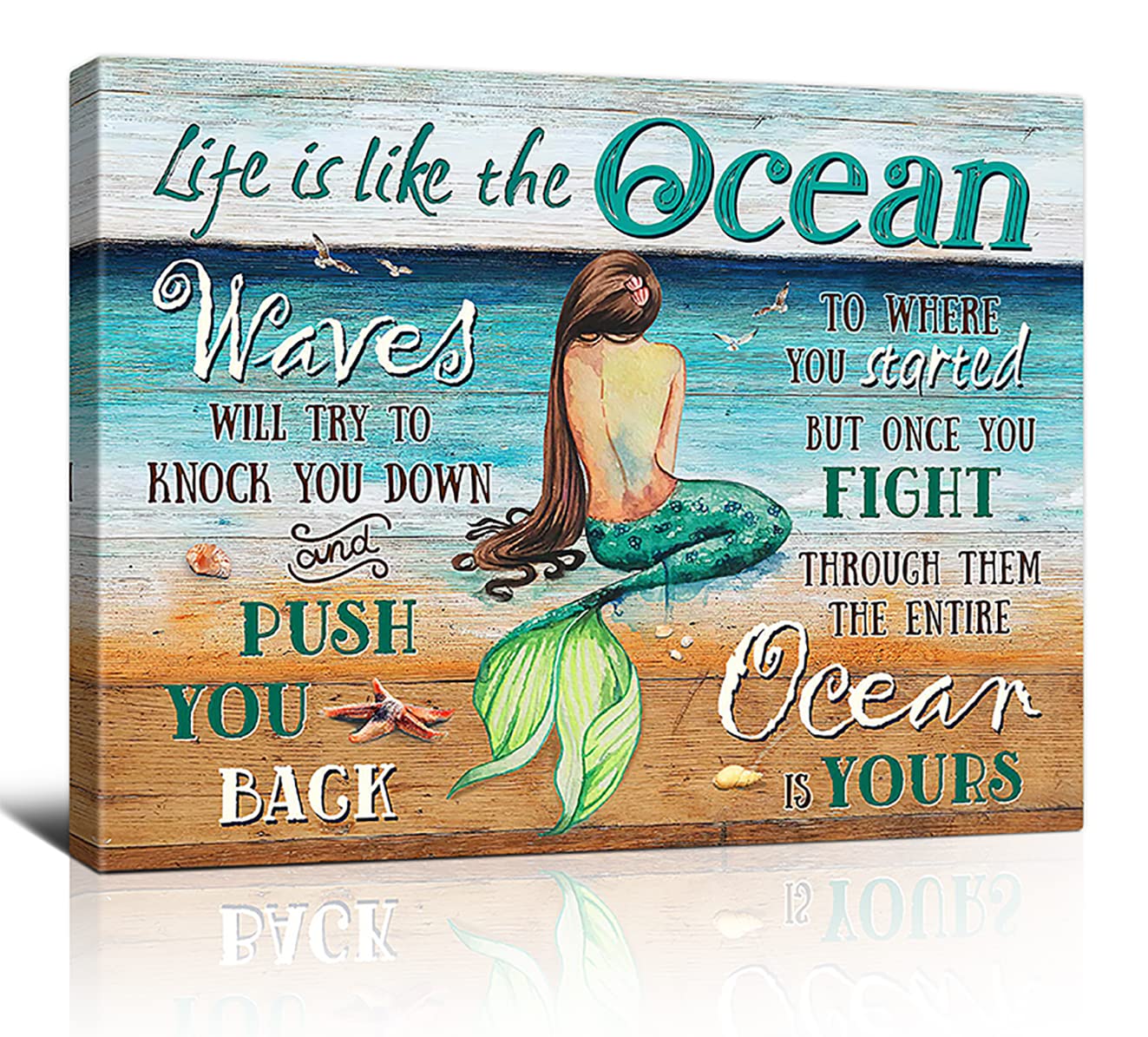 Colorful Mermaid Canvas Wall Art - Framed Ocean Themed Bathroom Decor for Girls Room, Bedroom & Living Room - Ready to Hang 12x16 Inch - Perfect for Beach House, Nursery & Kids' Space Decor