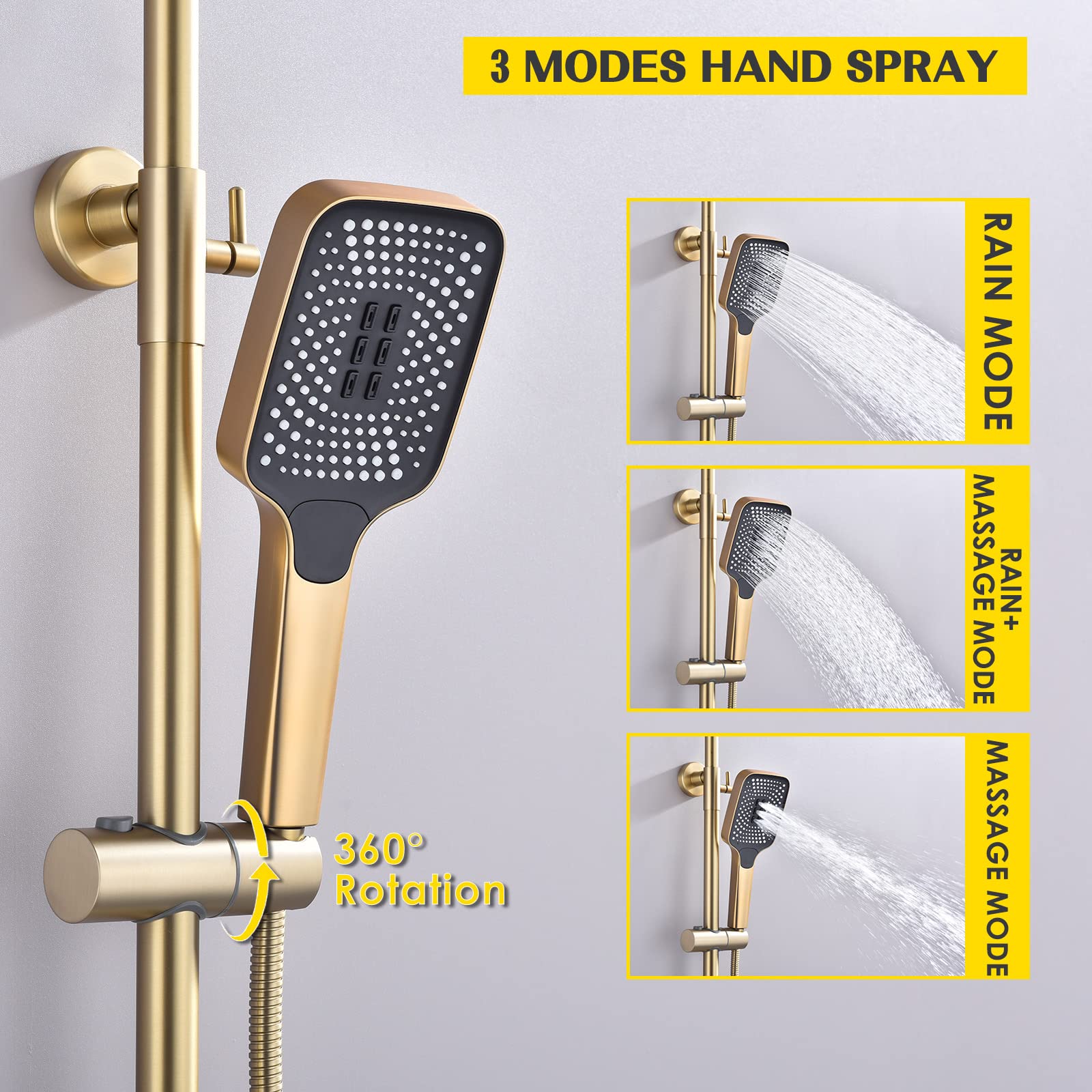 12 x 8 Inches Rain Shower Head with Brushed Gold Exposed Pipe - 3 Function Tub Shower Faucet Set with Handheld Sprayer | Luxury Overhead Shower System for Bathroom Remodel & Spa Experience