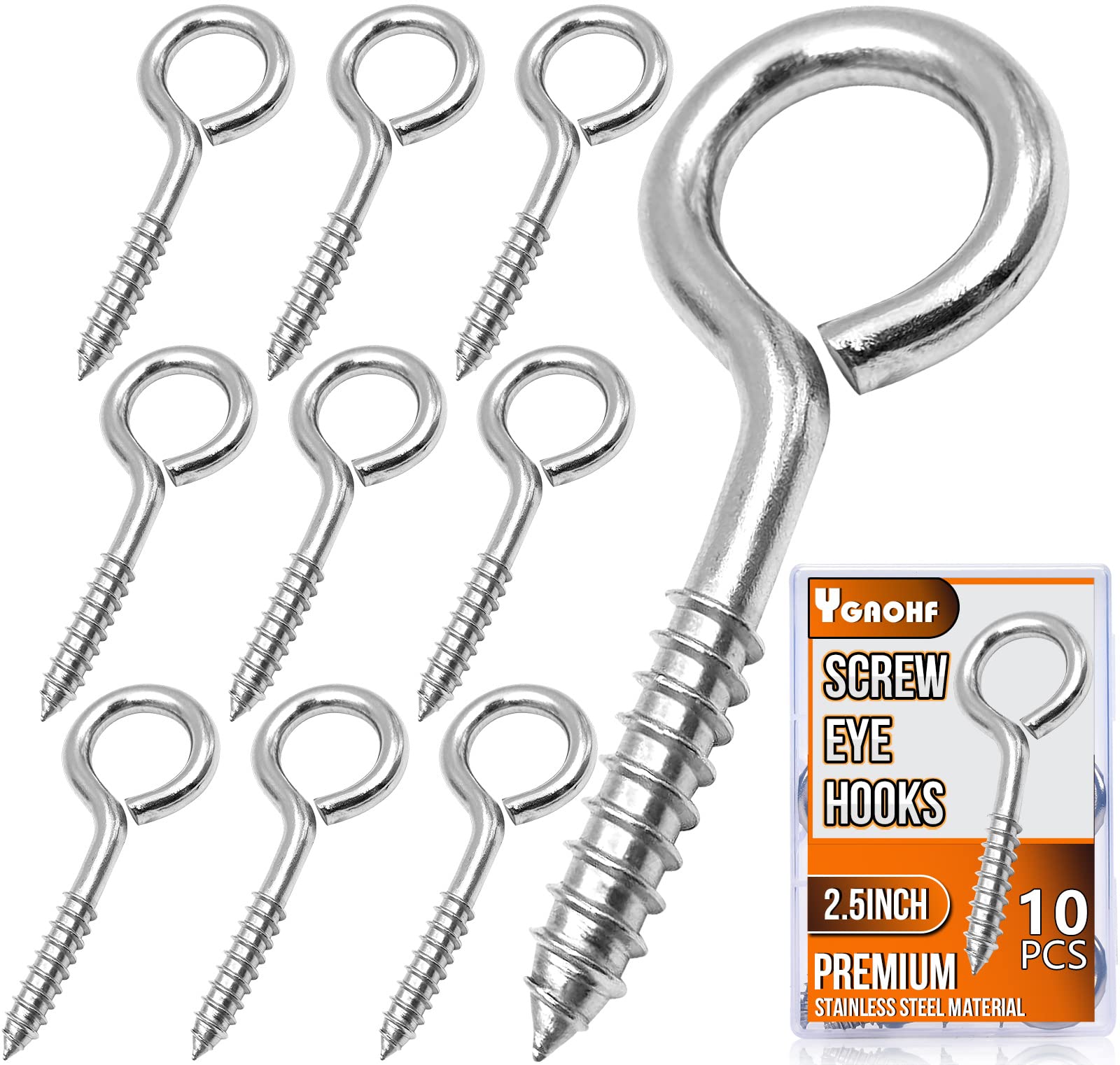 2.5 Inch Heavy Duty 304 Stainless Steel Eye Hooks Screw (10 Pack) - Silver Eye Bolts for Wood, Cable Wires & Secure Hanging - Indoor & Outdoor Use for Hanging Plants, Decor, Lights & More