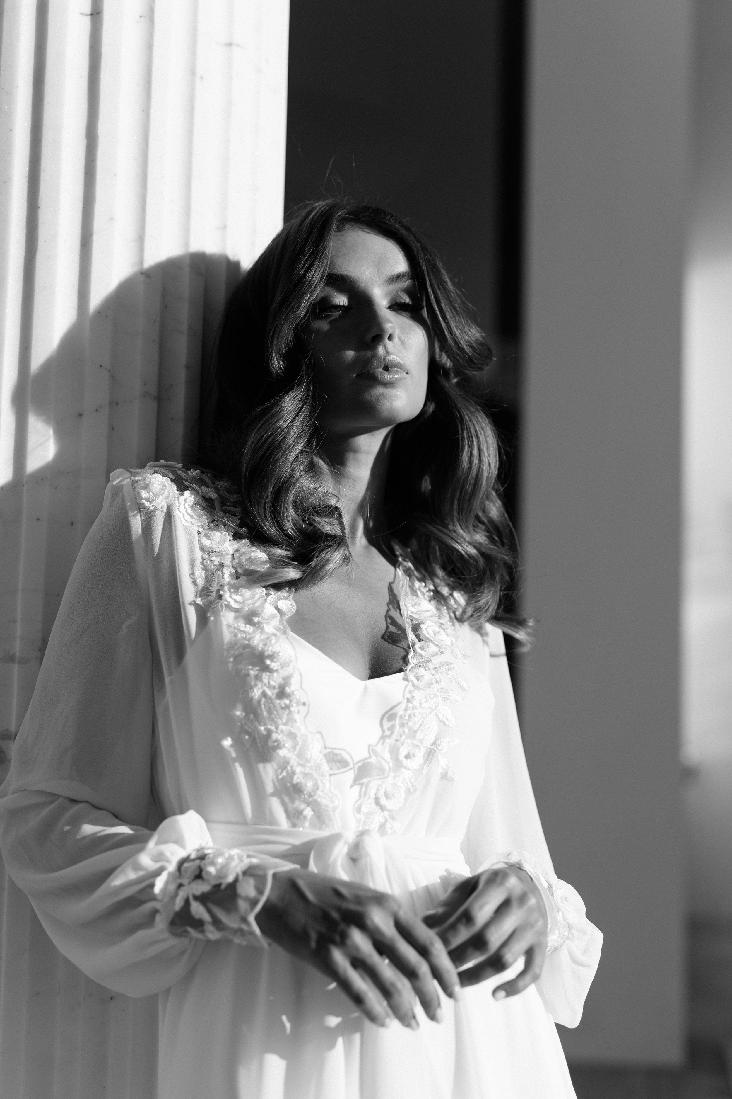 Arianna Beaded Floral Lace Maxi Bridal Robe with Train & Slip - Elegant Wedding Gown for Bridal Shower, Photoshoot & Reception - Perfect for Bride, Bridesmaids & Special Occasions