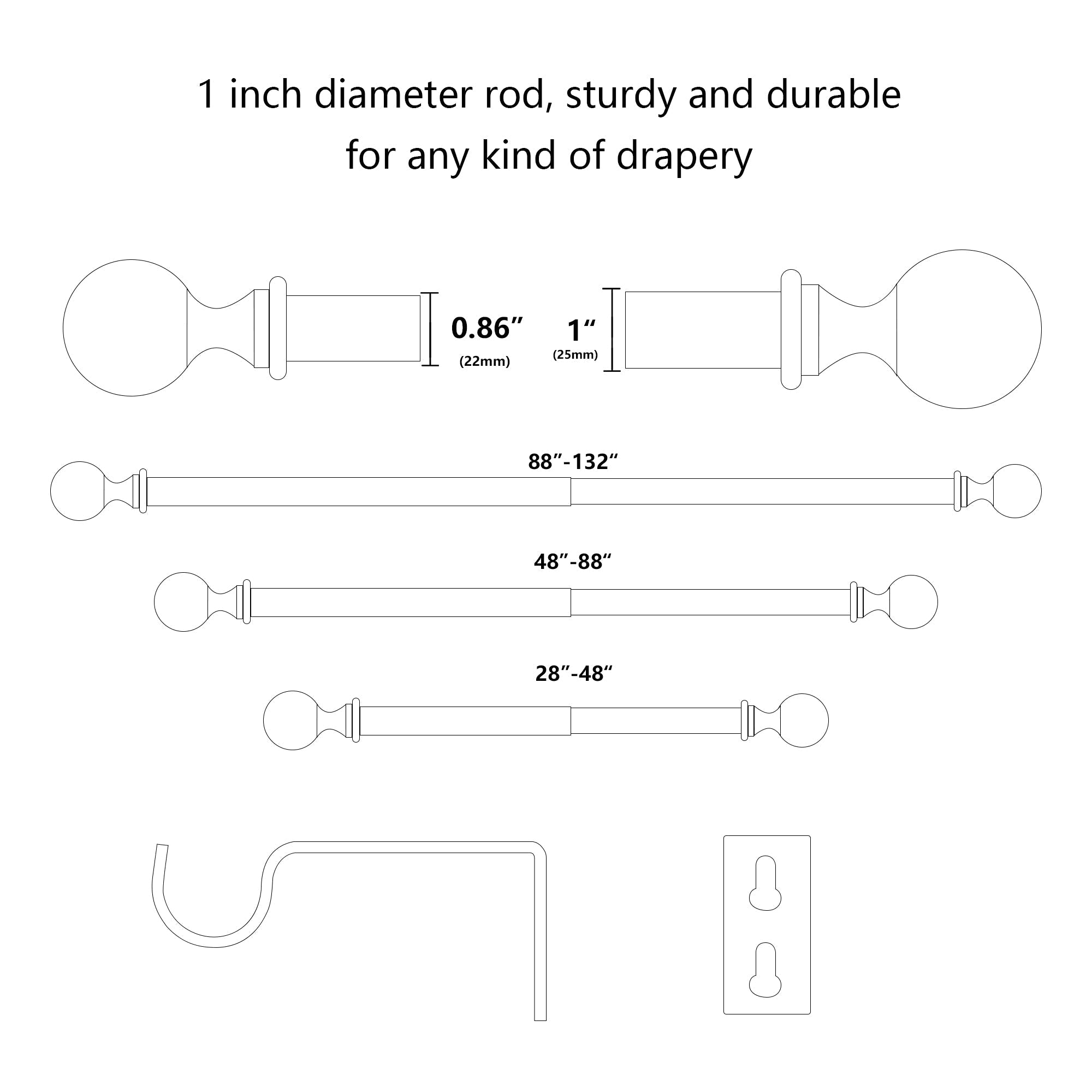 Adjustable Single Metal Curtain Rod - Heavy Duty Drapery Rod Set for Windows, Doors & Home Decor - Perfect for Living Room, Bedroom & Dorm Room