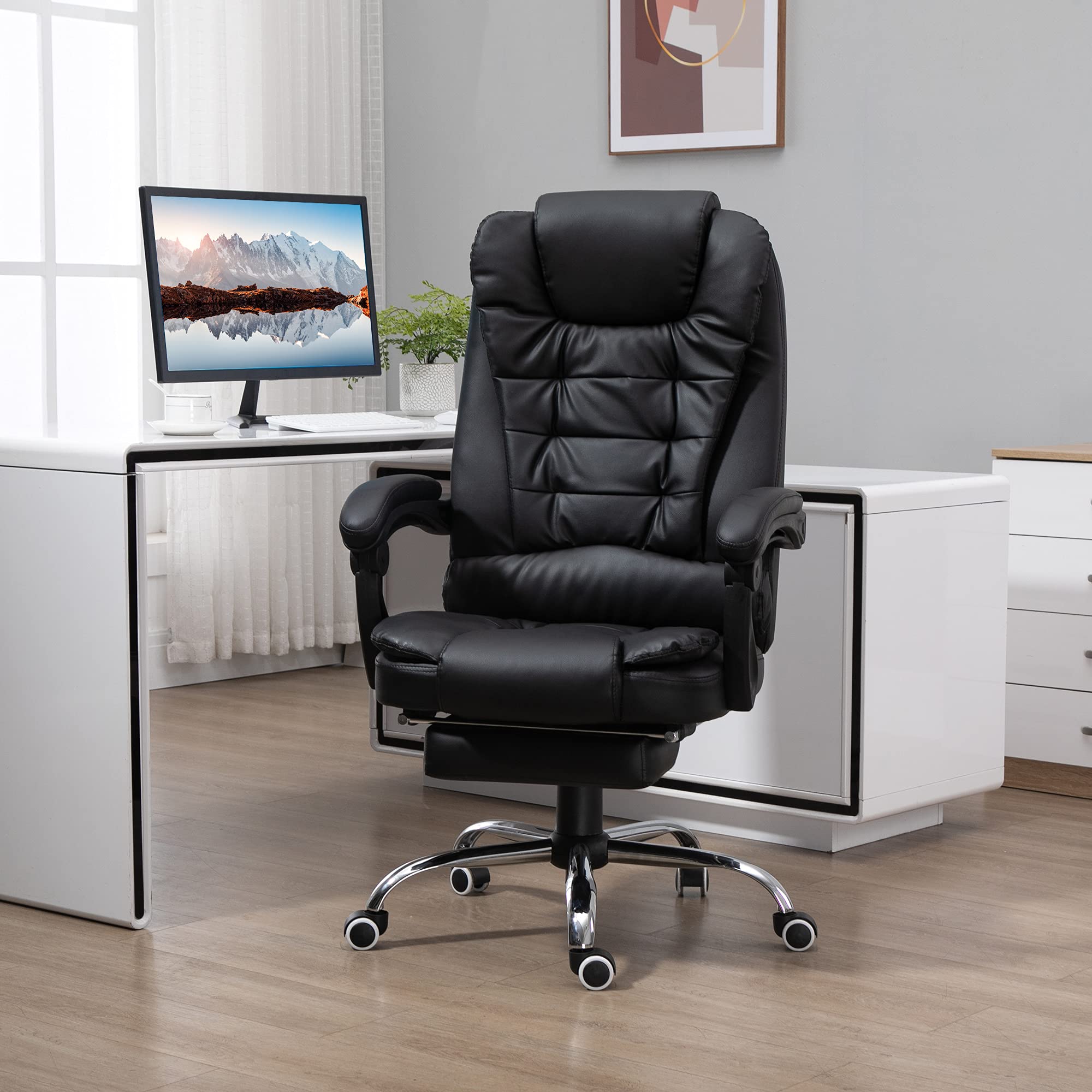 HOMCOM High Back Ergonomic Executive Office Chair - PU Leather Computer Desk Chair with Adjustable Lumbar Support, Retractable Footrest, Padded Headrest & Armrests - Black - Perfect for Home Office, Gaming & Workspace Comfort