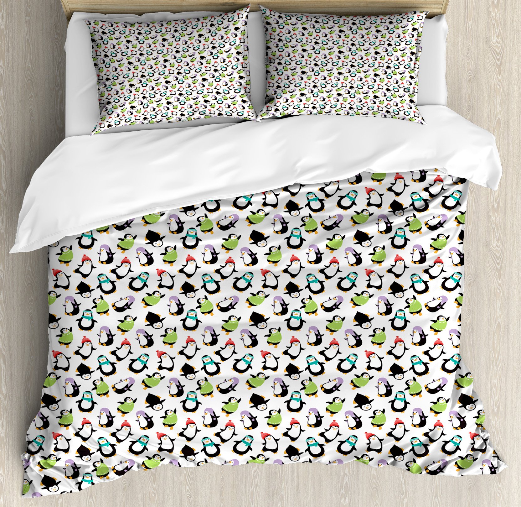 Ambesonne King Size Penguin Duvet Cover Set - 3 Piece Winter Themed Bedding with 2 Pillow Shams, Funny Arctic Animals Design in Green & Black - Perfect for Holiday Decor & Cozy Winter Nights