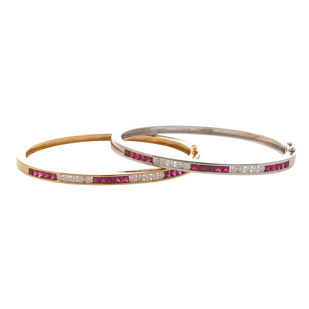 14K Yellow Gold Ruby & Diamond Channel Set Bangle Bracelet - Elegant Jewelry for Women, Perfect for Weddings, Anniversaries & Special Occasions