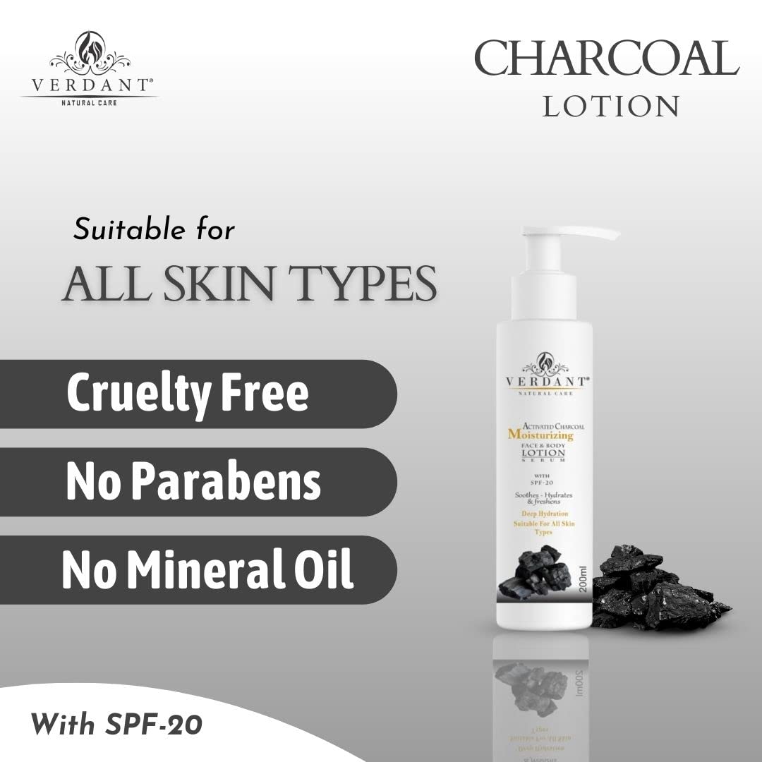 Verdant Natural Care Activated Charcoal Body Lotion with SPF 20 | Deep Hydrating & Moisturizing Face & Body Serum | Paraben-Free, Mineral Oil-Free | 200ml | Perfect for Daily Skincare & Sun Protection