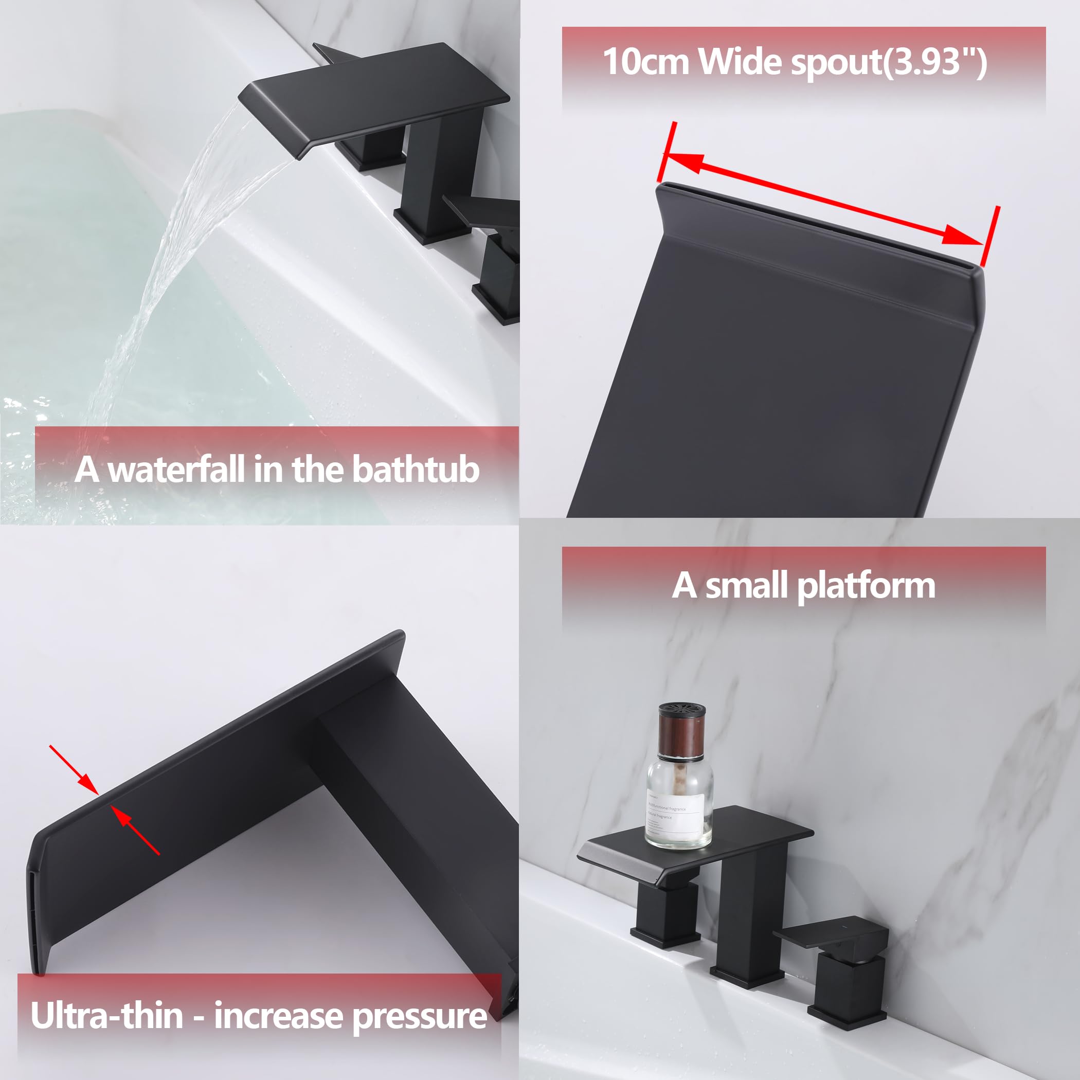 Roman Tub Faucet - 2 Handle Waterfall Spout Matte Black 3 Hole Bathtub Faucet with High Flow - Perfect for Luxury Bathrooms, Spa Retreats & Modern Home Decor
