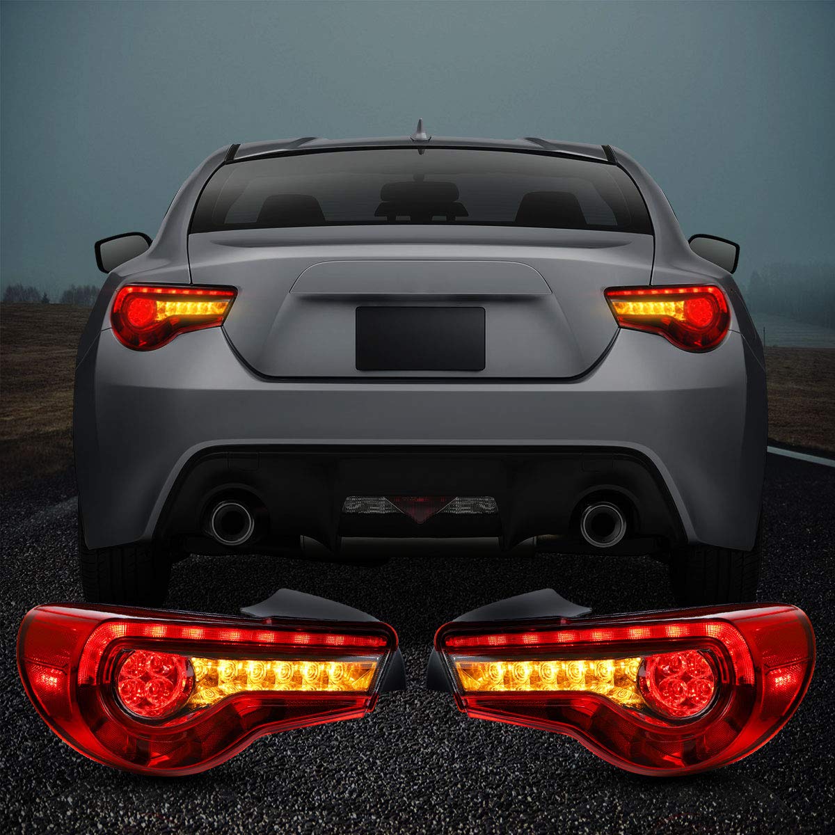 VLAND Full LED Rear Brake Tail Lights for Toyota GT86 (2012-2019), Subaru BRZ (2013-2018), Scion FRS (2012-2016) - Sequential Turn Signal, Red & Clear Lens - YAB-86-0287H | Upgrade Your Coupe's Style & Safety for Night Driving