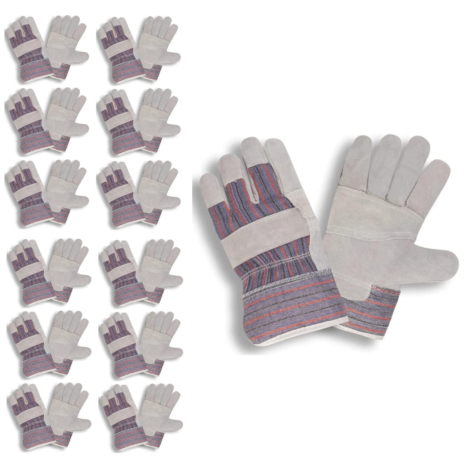 Cordova 7210 Economy Shoulder Leather Palm Work Gloves - Patch Palm, Striped Back, Starched Safety Cuff - Large Size (12-Pack) - Ideal for Construction, Landscaping, and Heavy-Duty Work