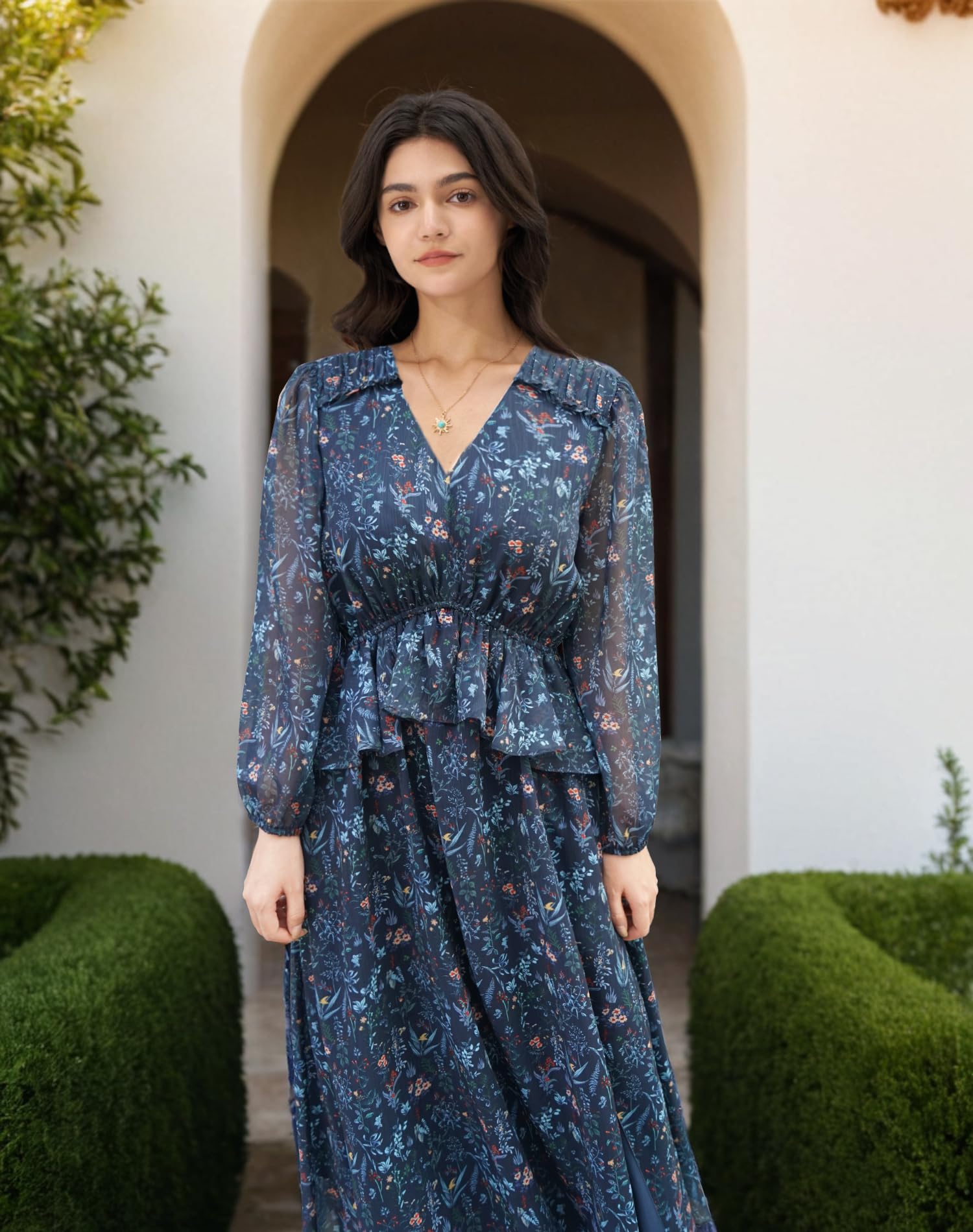 Floral Split Midi Dress for Women - Elegant Long Sleeve Chiffon Dress with Ruffle Details & Pockets | Perfect for Spring Weddings, Bridal Showers, Garden Parties & Formal Events 2025