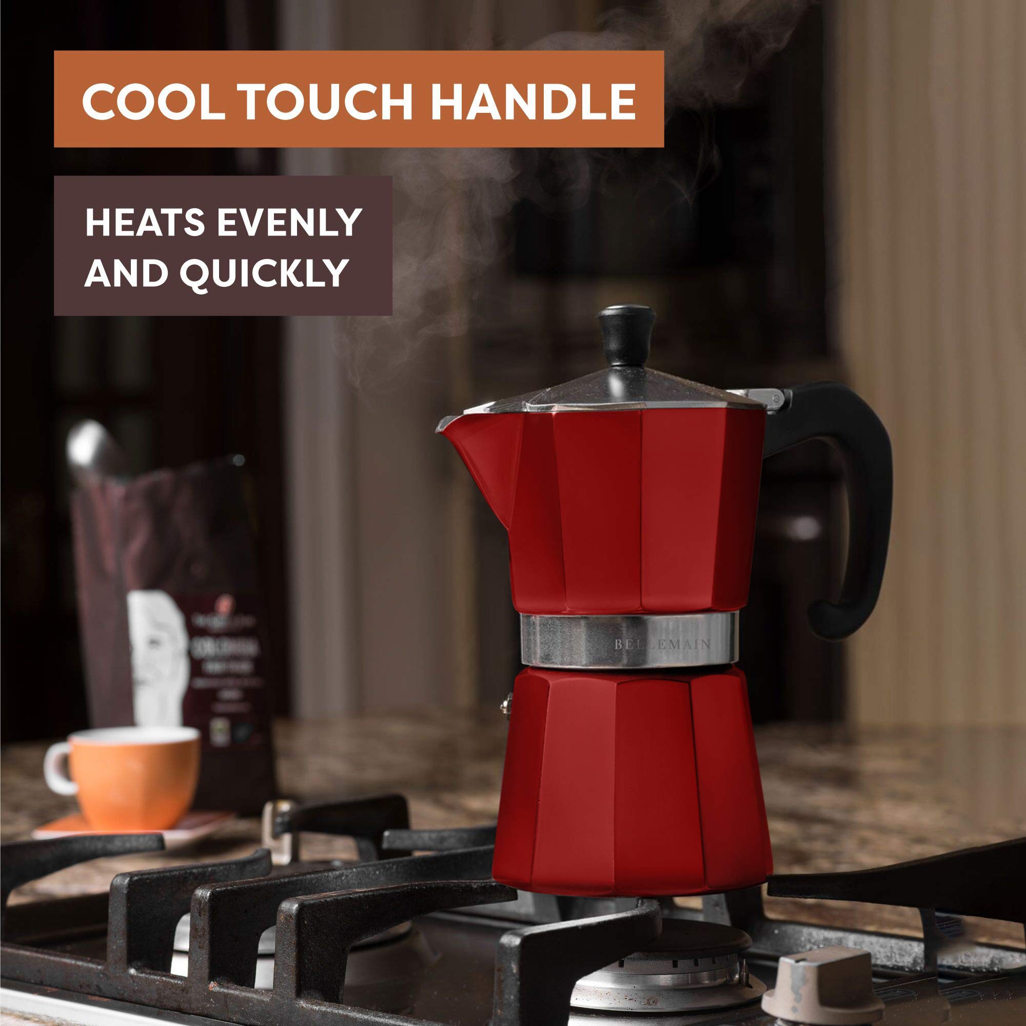 Bellemain Stovetop Espresso Maker Moka Pot - 3 Cup Italian Coffee Maker for Gas & Electric Stoves - Perfect for Home, Office & Camping (Red)