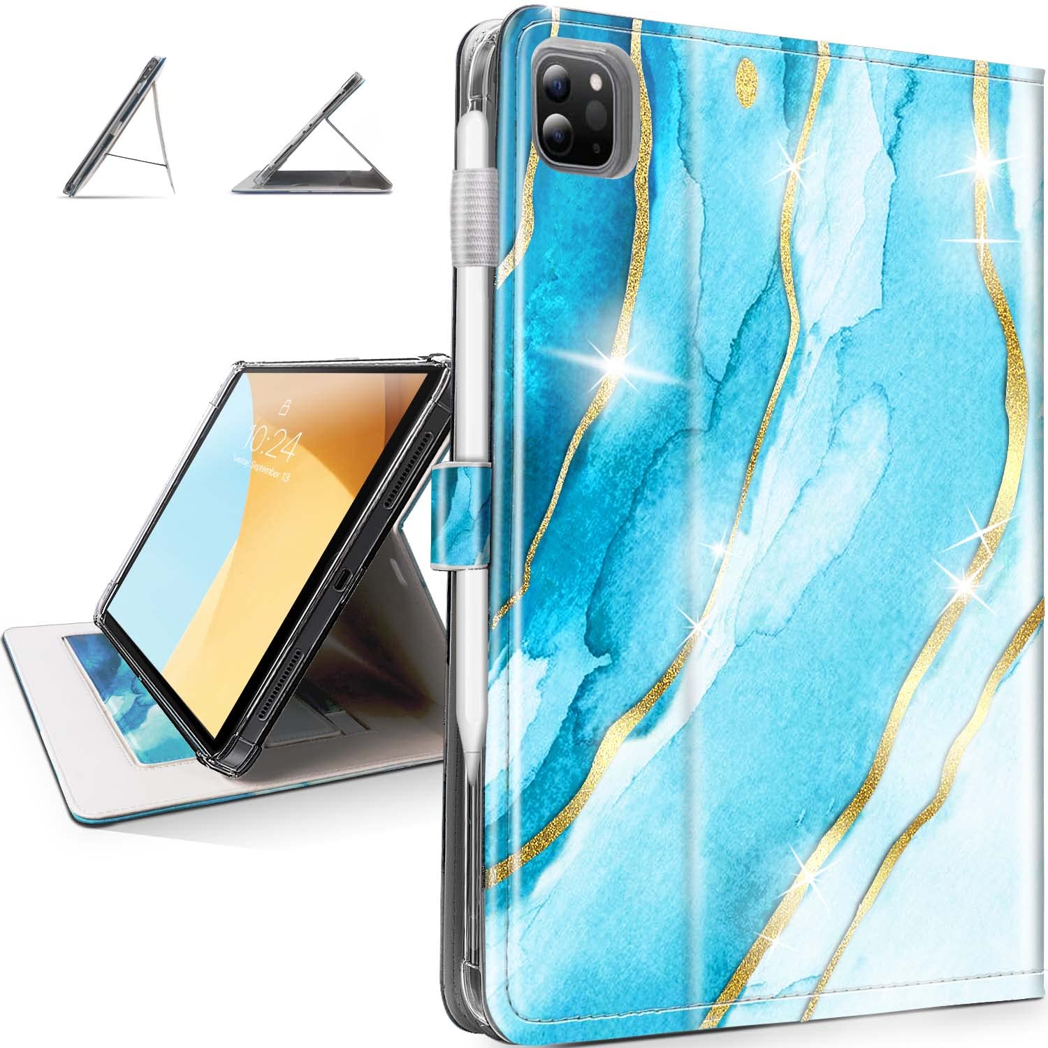 Premium Leather iPad Pro 12.9 Case (5th/4th/3rd Gen 2021-2018) - Shockproof Stand Cover with Strap, Apple Pencil Holder & Card Slot | Blue Marble Design | Perfect for Work, Travel & Daily Protection