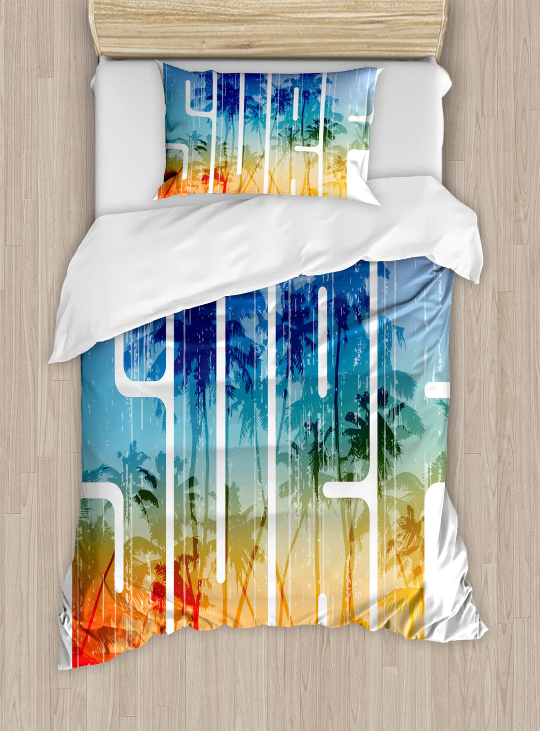 Ambesonne Surf Duvet Cover Set - Retro Coastal Palm Tree & Extreme Sports Design, 2-Pack Twin Size Bedding Set with 2 Duvet Covers & 2 Pillowcases, Navy & Orange - Perfect for Beach House, Summer Bedroom Decor & Surf Enthusiasts