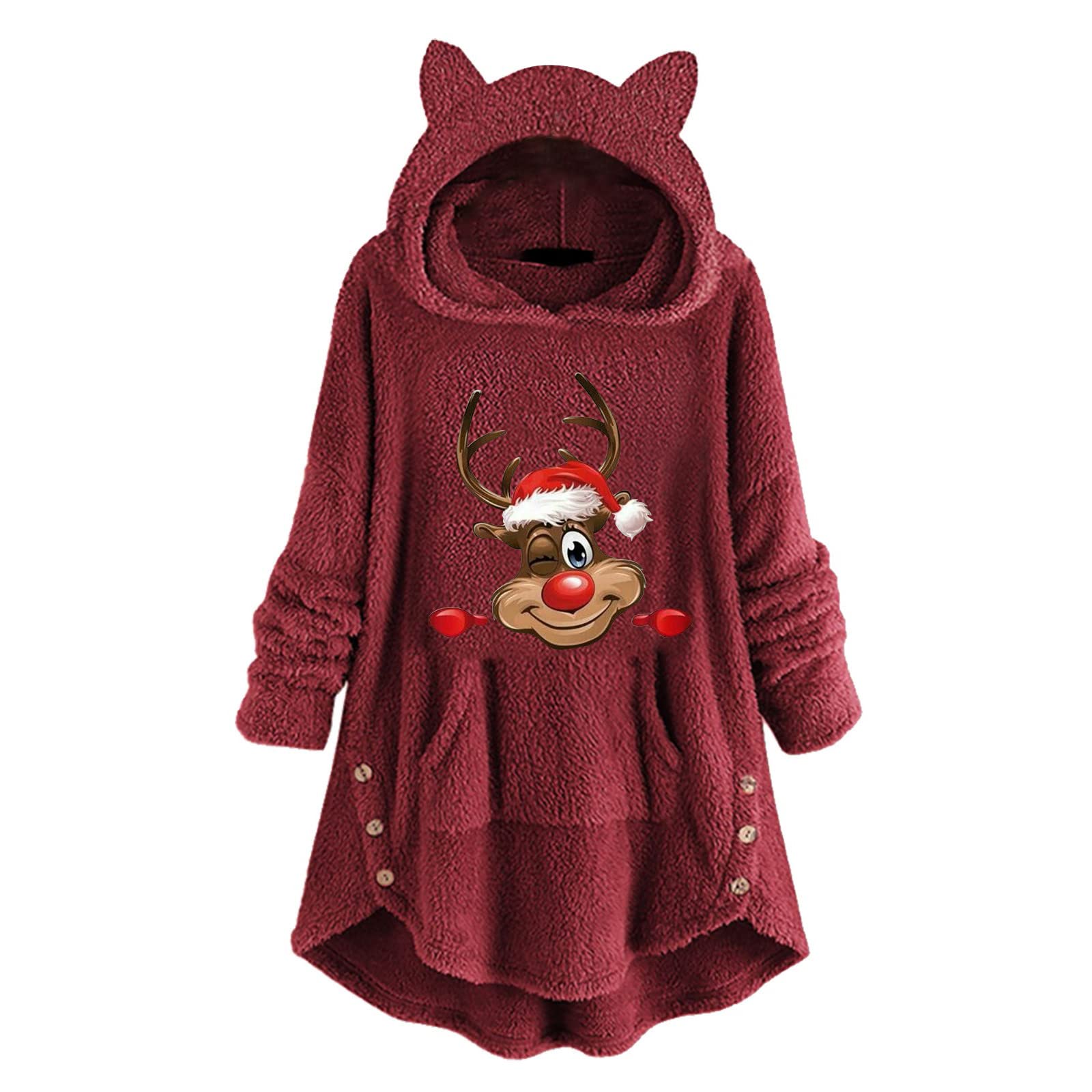 Women's Winter Bear Ear Hooded Jacket - Faux Fur Pullover with Buttons | Cozy Christmas & Holiday Outfit for Cold Weather, Snow Days & Festive Gatherings