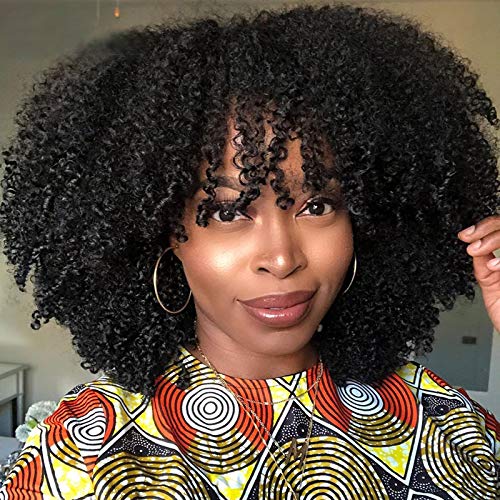Afro Kinky Curly Human Hair Wig with Bangs - 200% Density Virgin Brazilian Hair Short Curly Wig (20 Inch) - Machine Made Scalp Top for Natural Look | Perfect for Cosplay, Daily Wear & Protective Hairstyles