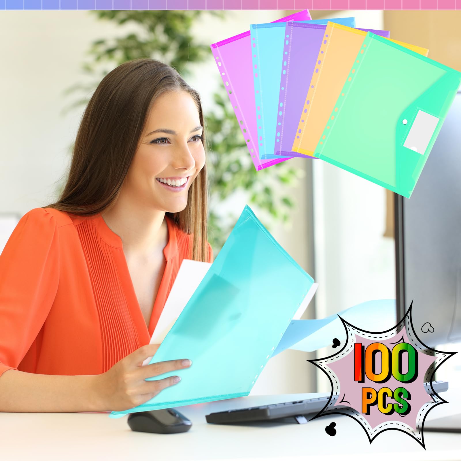 100-Pack Plastic 3-Ring Binder Pockets with Snap Button & Label - Expandable Binder Organizer for 2/3/4 Ring Binders - Perfect for Home Office, School, Document Storage & Organization