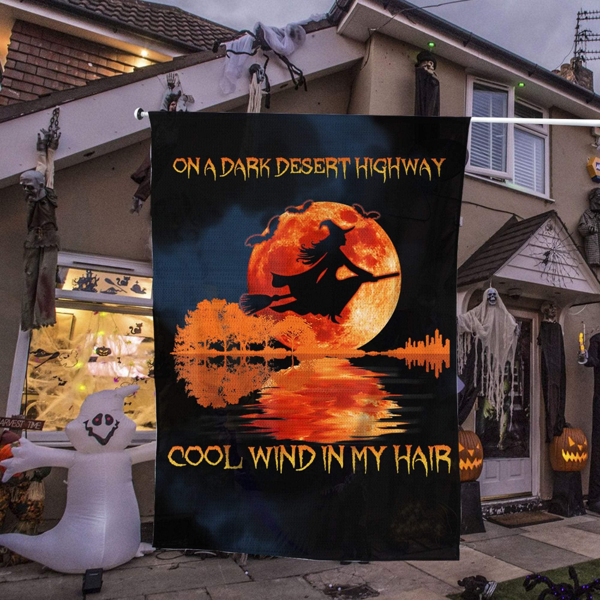 Witch on a Dark Desert Highway Halloween Yard Decor - 28x40 Inch Double Sided Outdoor Garden Flag for Halloween Party, Porch, Lawn, and Home Decoration - Perfect for Spooky Seasonal Displays