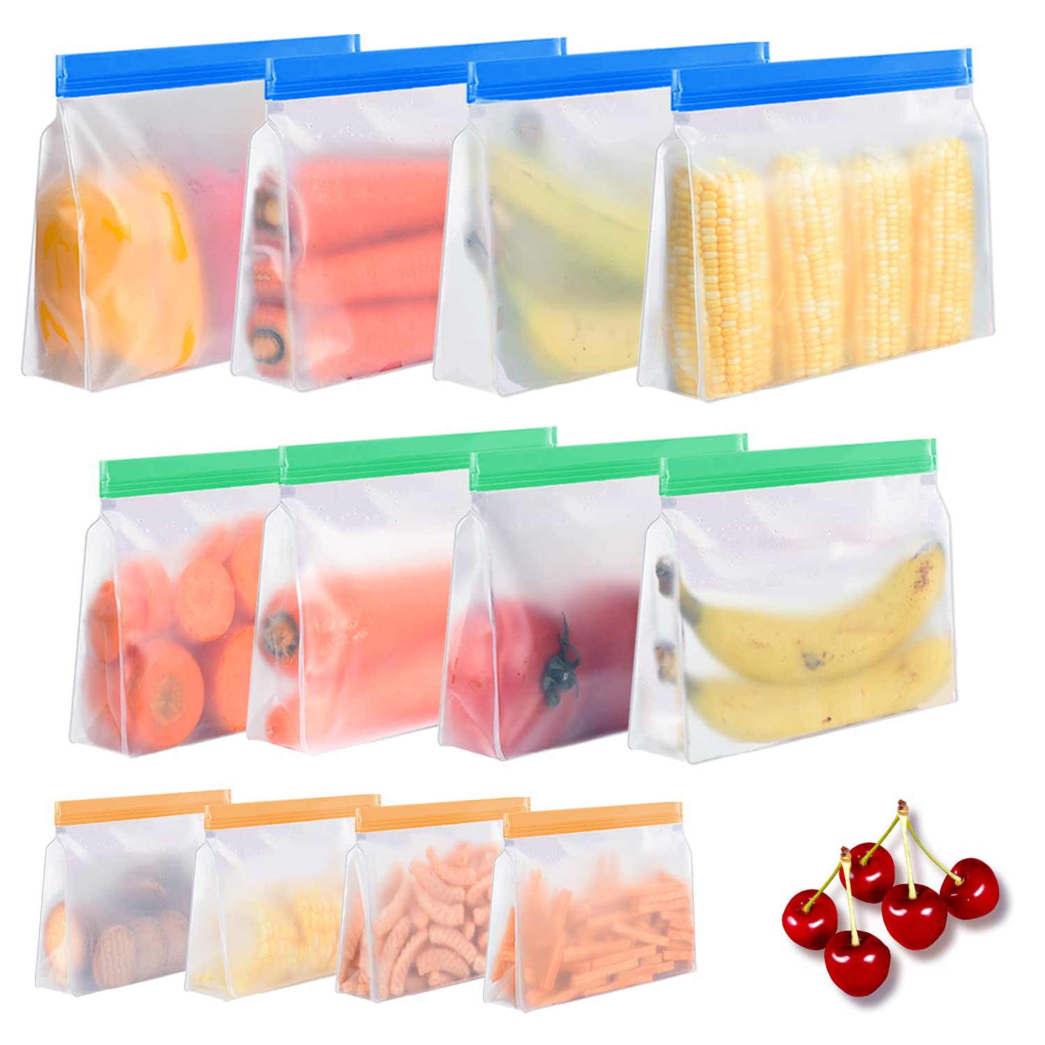 Eco-Friendly Reusable Food Storage Bags 12-Pack - Leakproof Stand Up Freezer Bags with 4 Snack, 4 Sandwich & 4 Gallon Bags | BPA-Free Kitchen Storage for Meat, Fruits, Cereal & Vegetables | Perfect for Meal Prep, Picnics & School Lunches