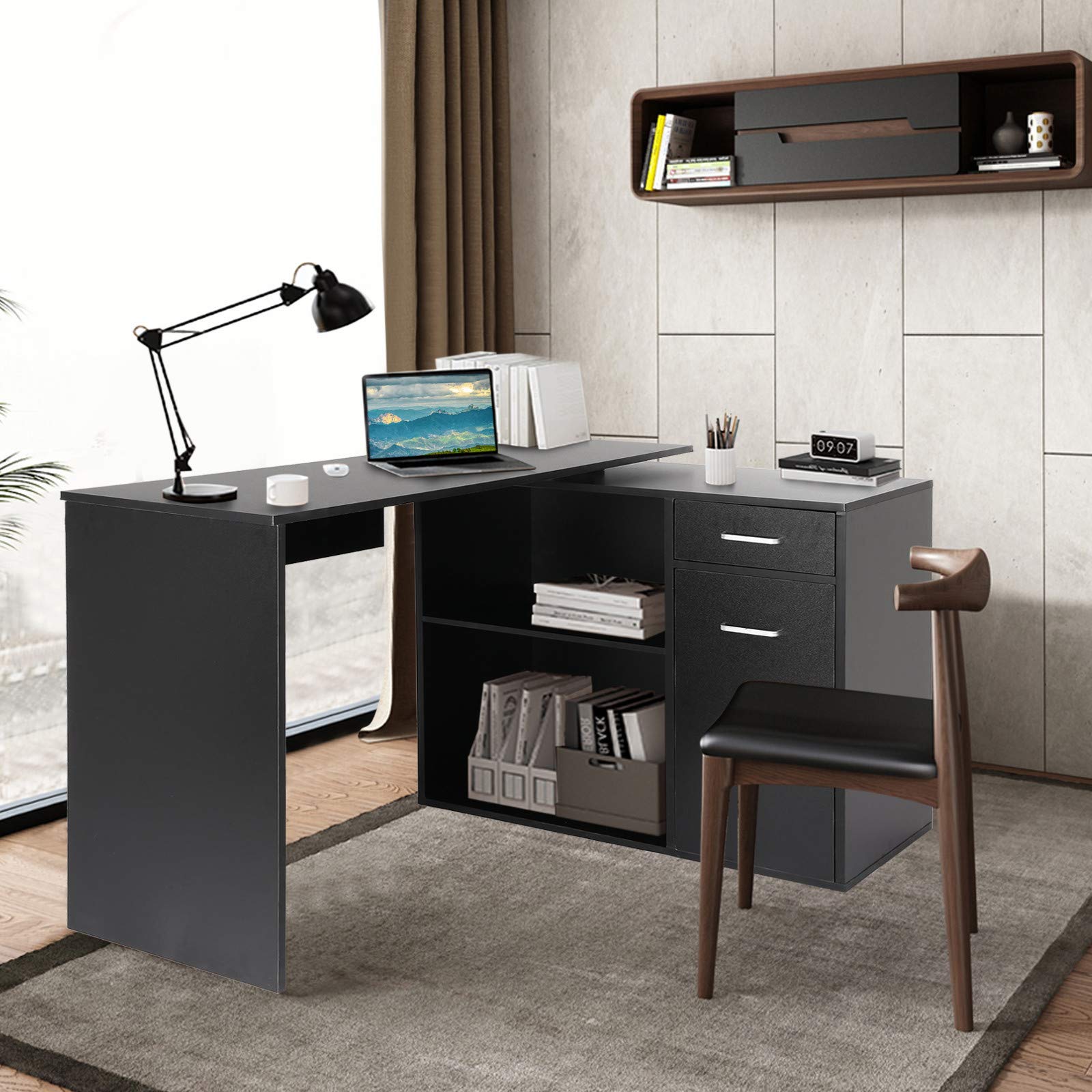 L-Shaped Computer Desk 46/60 Inch with 360° Rotating Corner & 2 Storage Shelves - Sturdy Left/Right Facing Home Office Desk, Study Writing Workstation (Black) - Perfect for Small Spaces, Gaming Setup & Remote Work