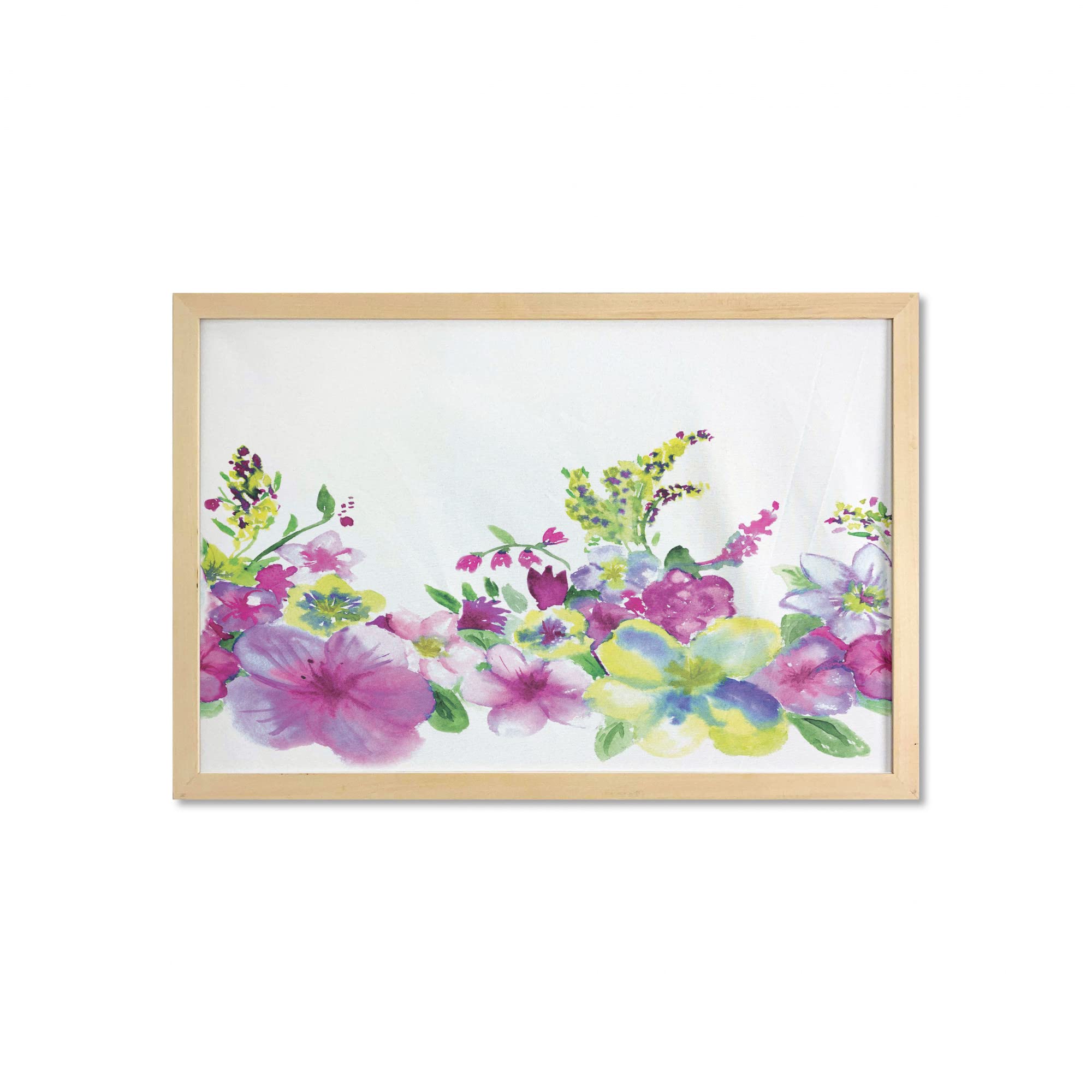 Ambesonne Watercolor Floral Wall Art with Frame - Abstract Garden Flower Painting in Pink & Green, 35x23 Inch Fabric Poster for Bathroom, Living Room, Bedroom & Dorm Decor | Home & Office Wall Decoration