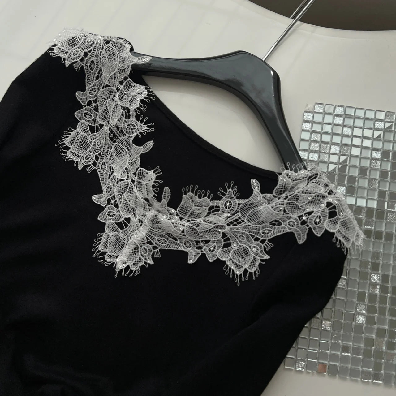 Elegant Black Patchwork Lace V-Neck Knitted Dress for Women - Slim Fit Long Sleeve Evening Gown for Fall Parties, Festivals & Special Occasions | Perfect for Cocktail Parties, Date Nights & Holiday Events