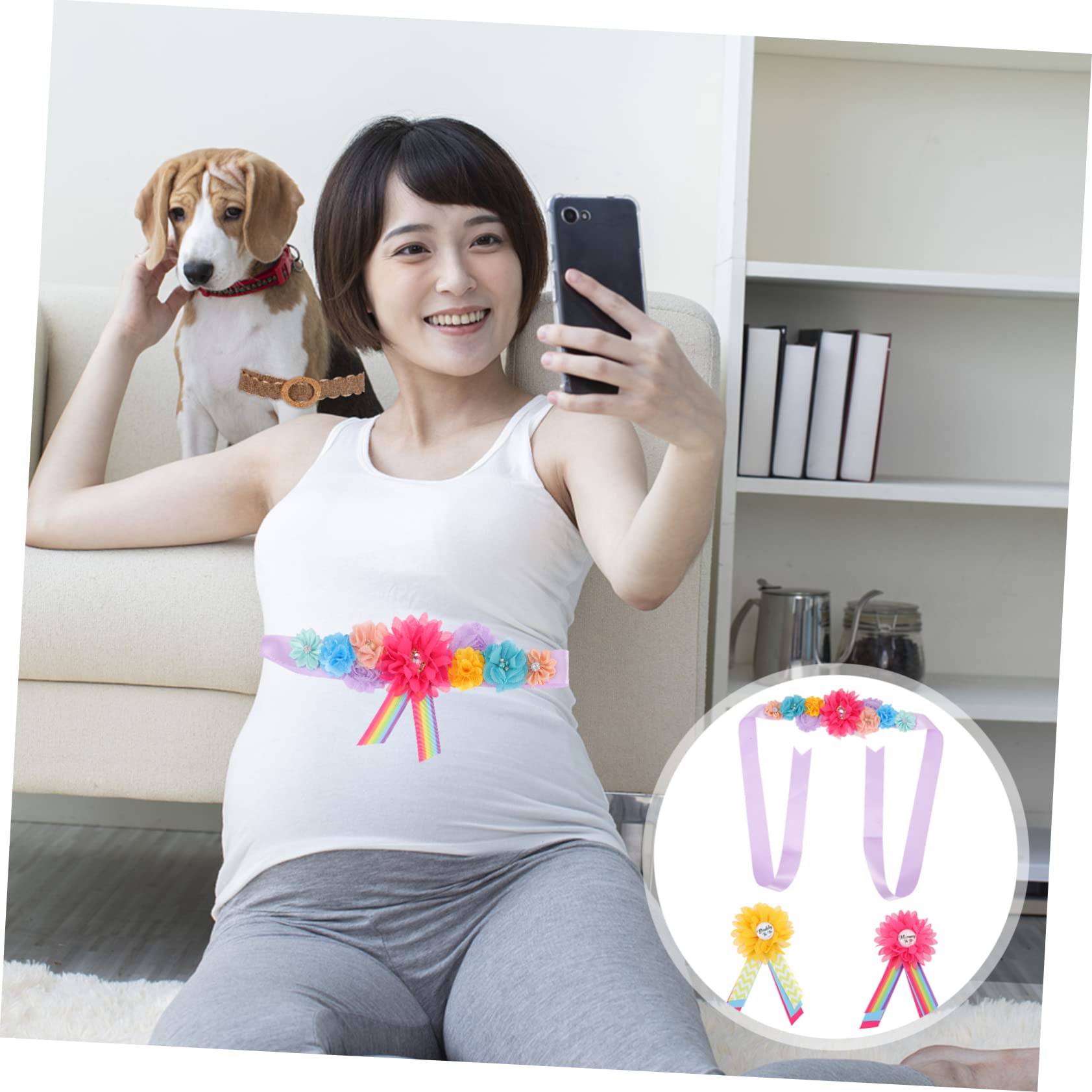 ORFOFE Maternity Belly Band & Flower Sash Set - Gender Reveal, Baby Shower Accessories for Pregnant Women - Comfortable Pregnancy Support for Everyday Wear & Special Occasions