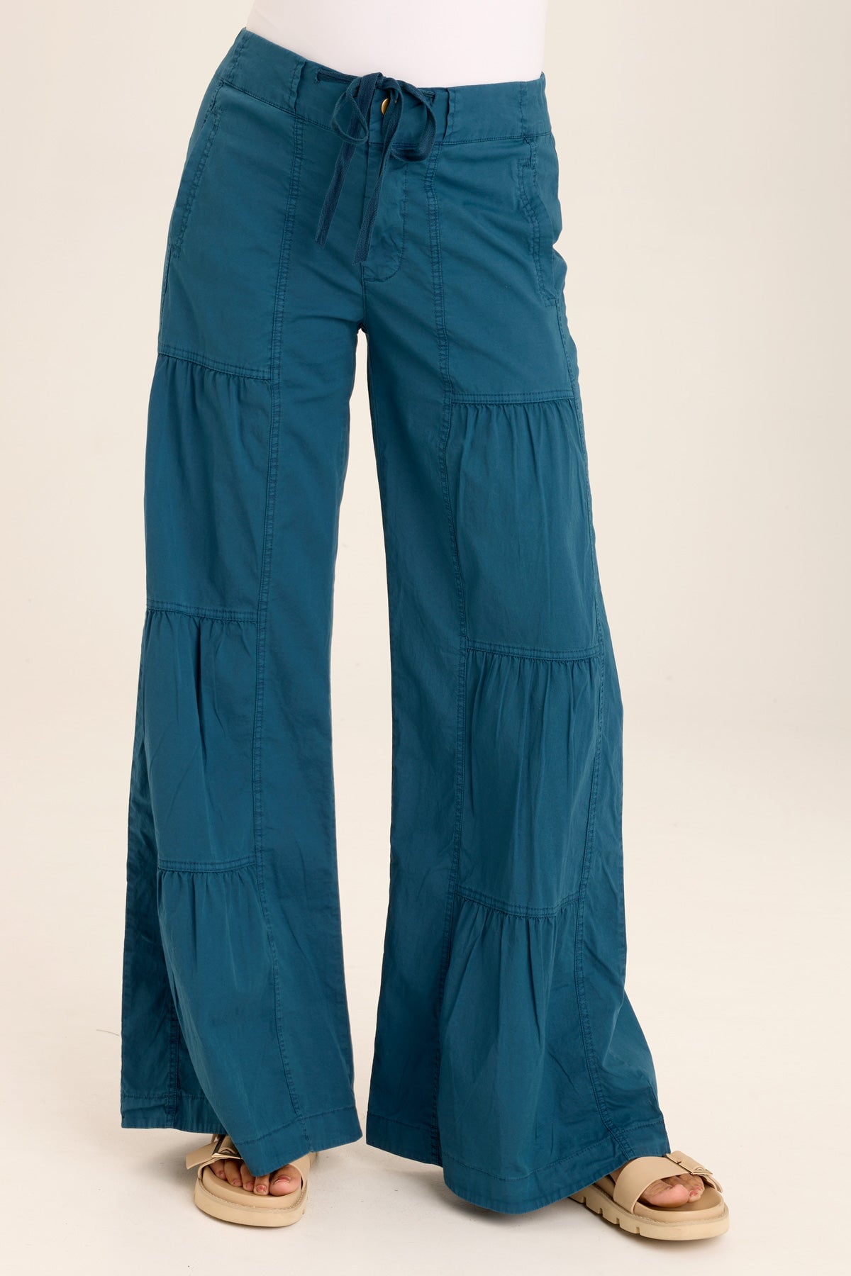 Women's Tiered Wide Leg Flare Pants with Drawstring Waist & Ruched Detail - Casual Lounge, Yoga, and Travel Comfort Wear