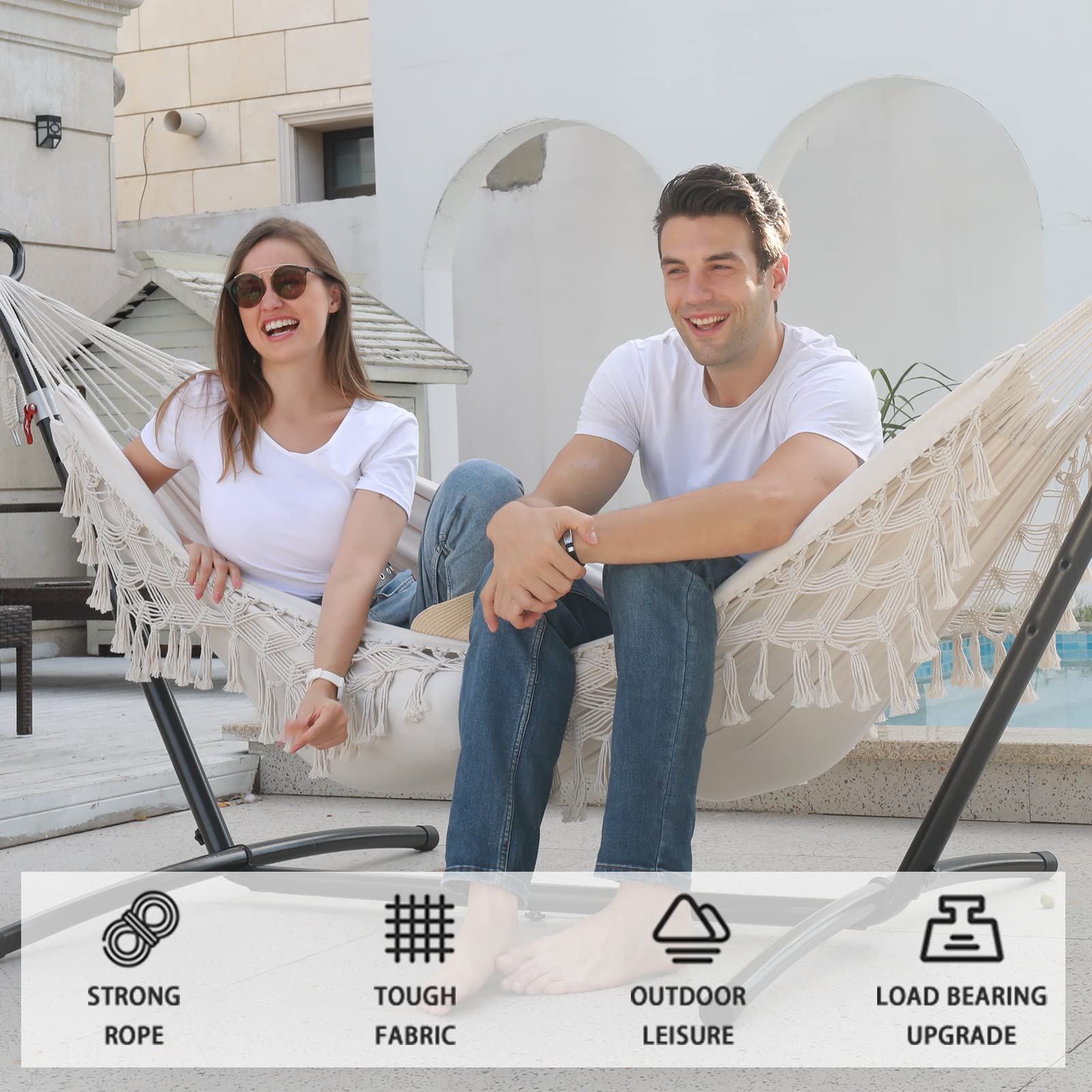 Premium Double Hammock with Stand - Heavy Duty Stainless Steel Frame, Upgraded Phone Holder & Carrying Case - Indoor/Outdoor Use for Patio, Yard, Beach & Camping (2022 Beige)
