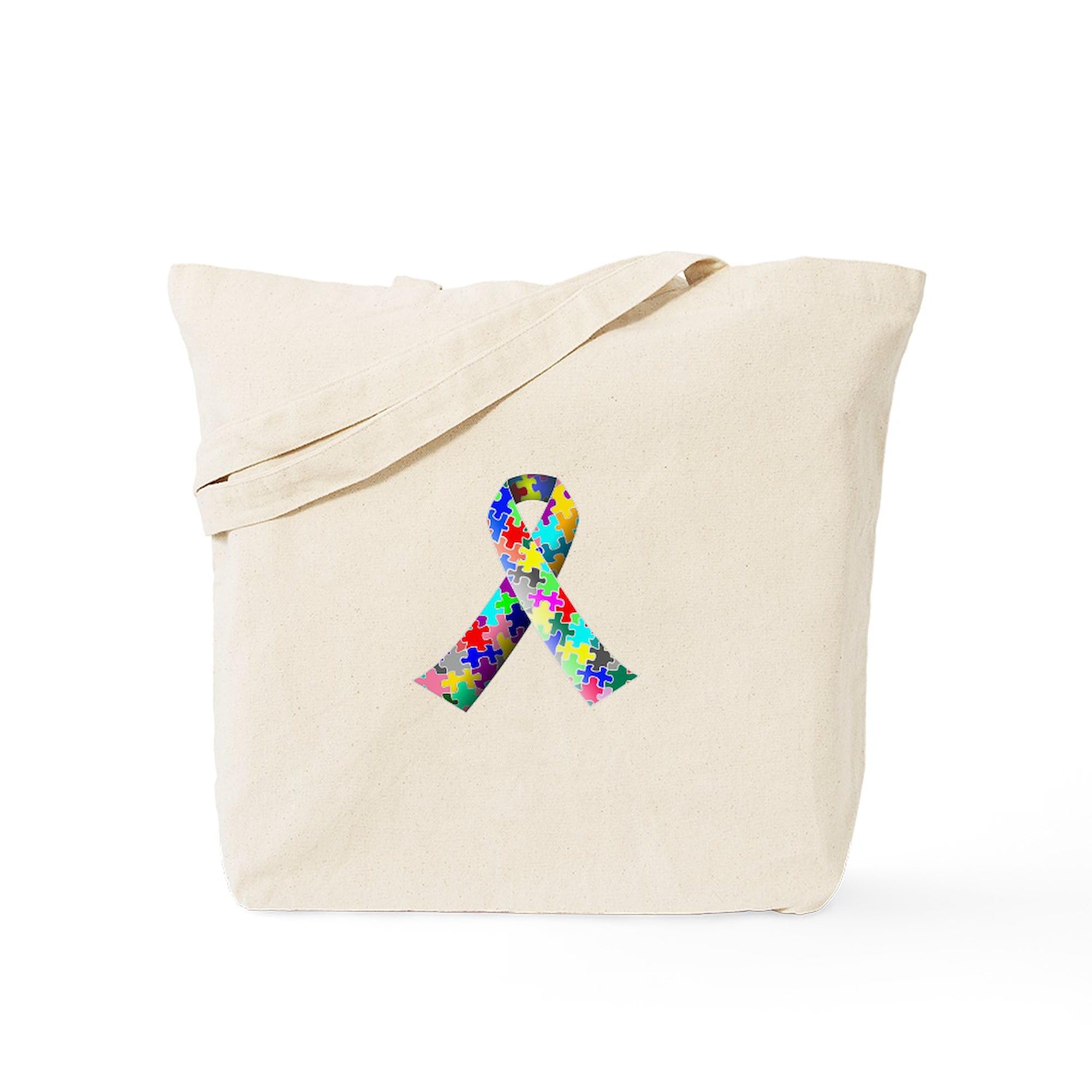 Autism Awareness Puzzle Ribbon Tote Bag - Natural Canvas Reusable Shopping Bag for Groceries, Beach & Daily Use | Support Autism Awareness