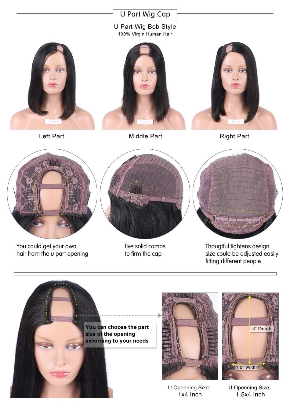 Kinky Straight U Part Human Hair Wigs for Black Women - Brazilian Remy Hair 150% Density Italian Yaki U Part Wigs 1x4 Middle Part (20inch 130% Density, #1B Natural Black) - Perfect for Daily Wear, Parties & Special Occasions
