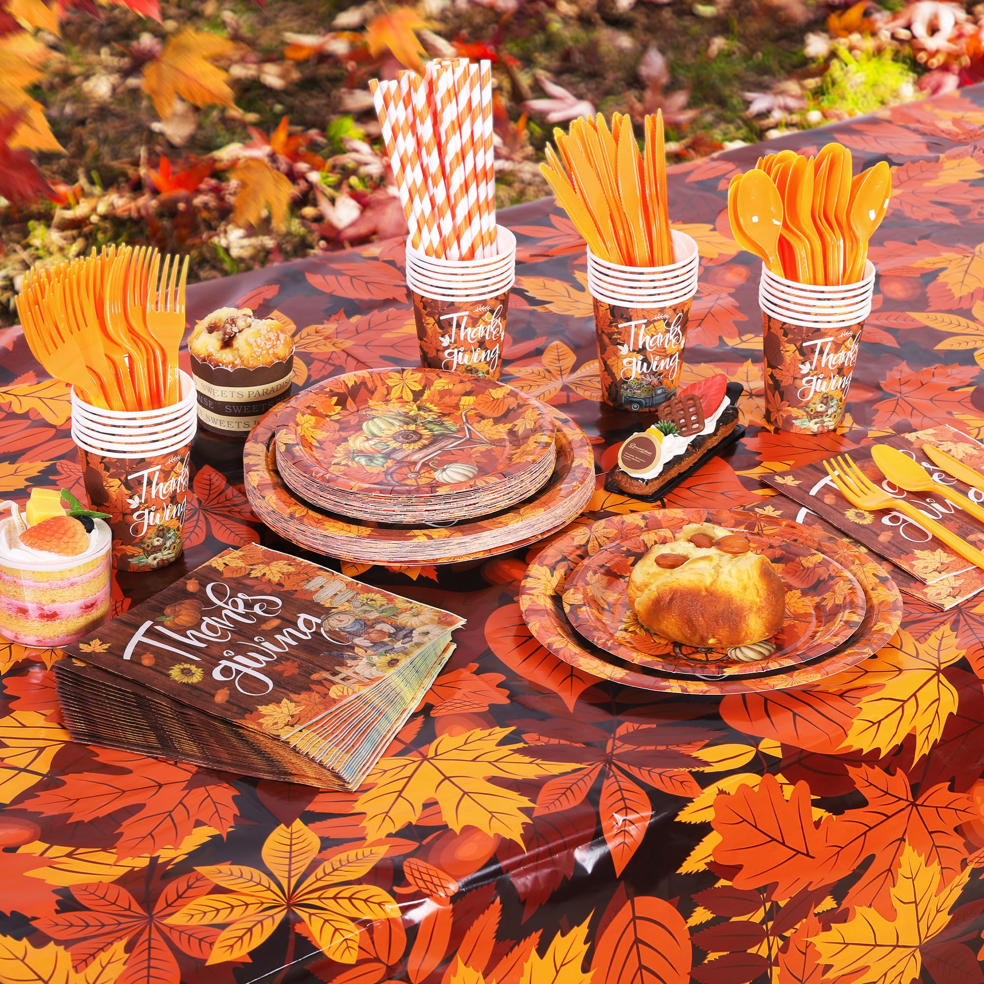 Ruisita 194-Piece Fall Party Dinnerware Set - Thanksgiving Maple Leaves Disposable Plates, Cups, Cutlery, Napkins & Tablecloth - Autumn Harvest Party Supplies for 24 Guests - Perfect for Thanksgiving, Halloween, and Seasonal Gatherings