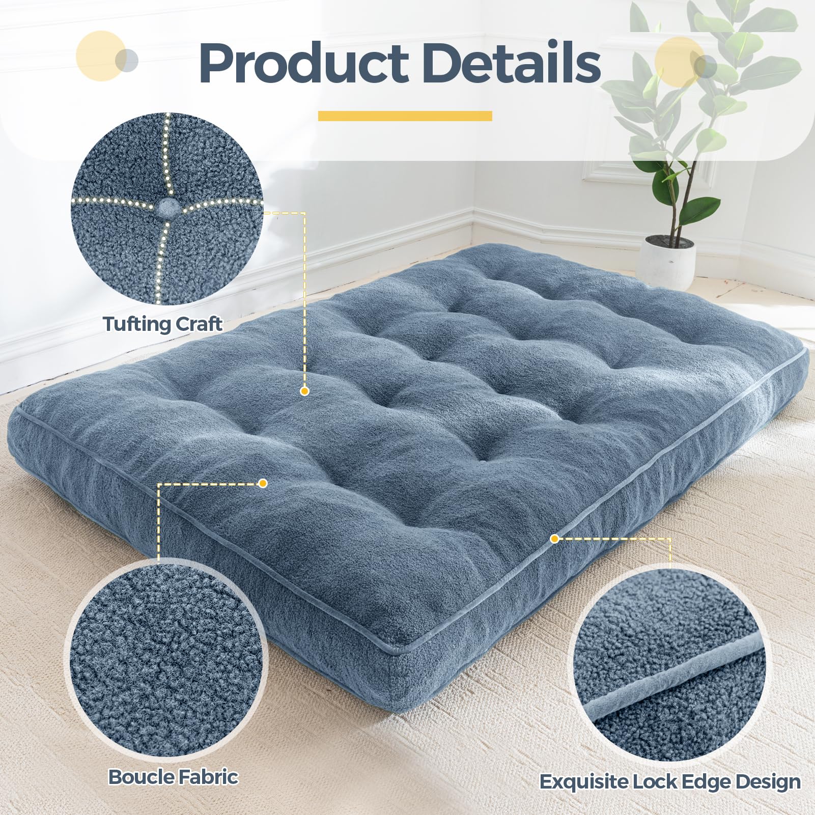 MAXYOYO 6 Inch Full Size Futon Mattress - Thick Boucle Sofa Bed with Shredded Foam Filling for Adults, Dusty Blue | Perfect for Guest Rooms, Dormitories, Small Apartments & Floor Sleeping