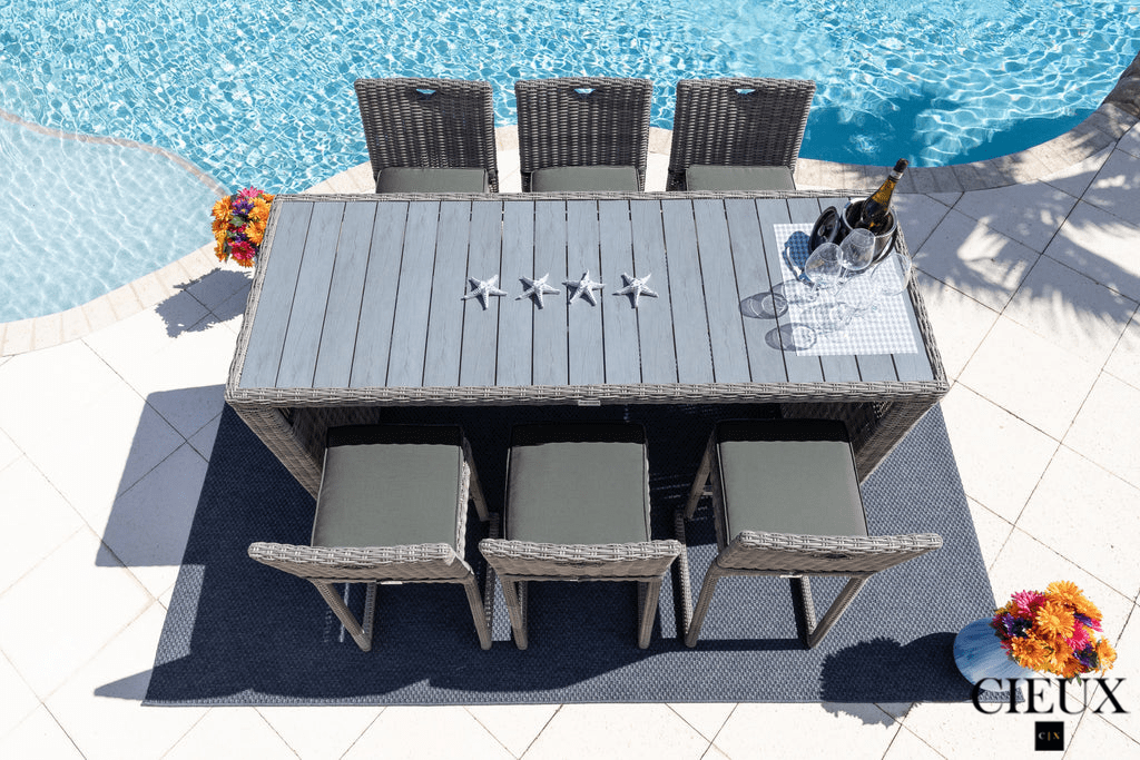 Riviera Outdoor Patio Wicker Bar Table and 6 Chairs Set - Grey Rattan Furniture with Sunbrella Canvas Charcoal Cushions - Perfect for Backyard, Poolside, and Garden Dining
